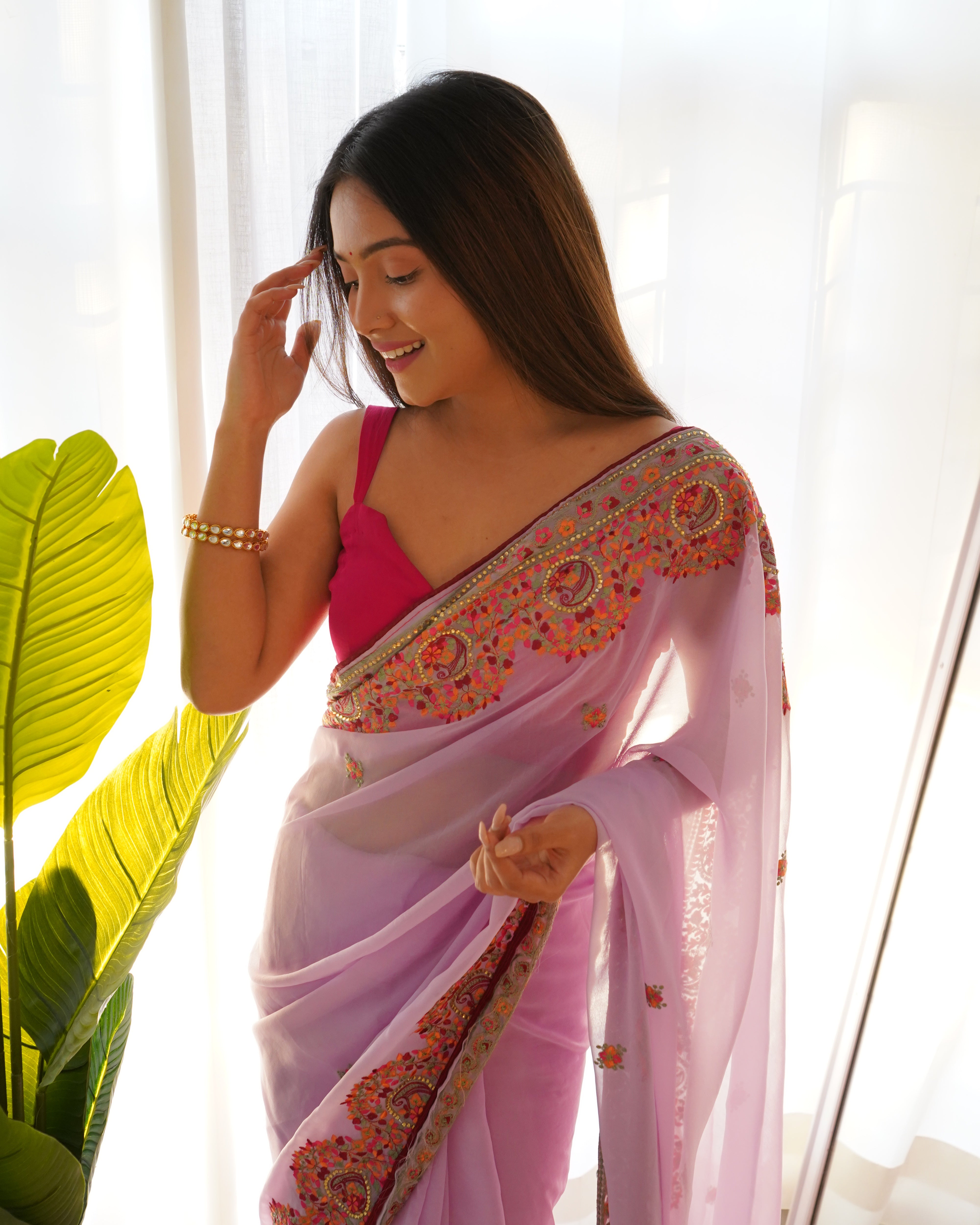 Pink Georgette Saree With Satin Benglori Blouse