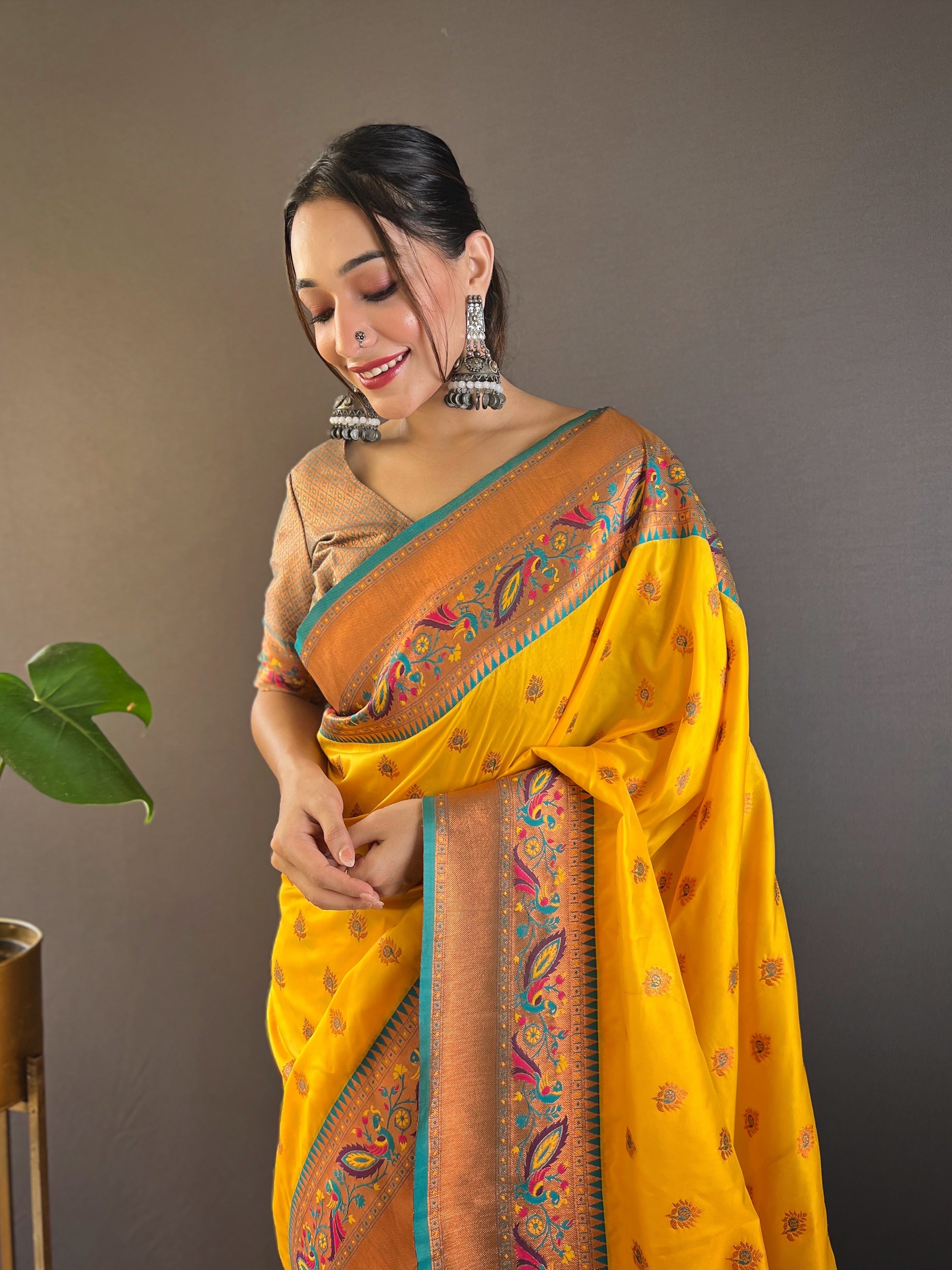 Bright Yellow Paithani Silk Saree