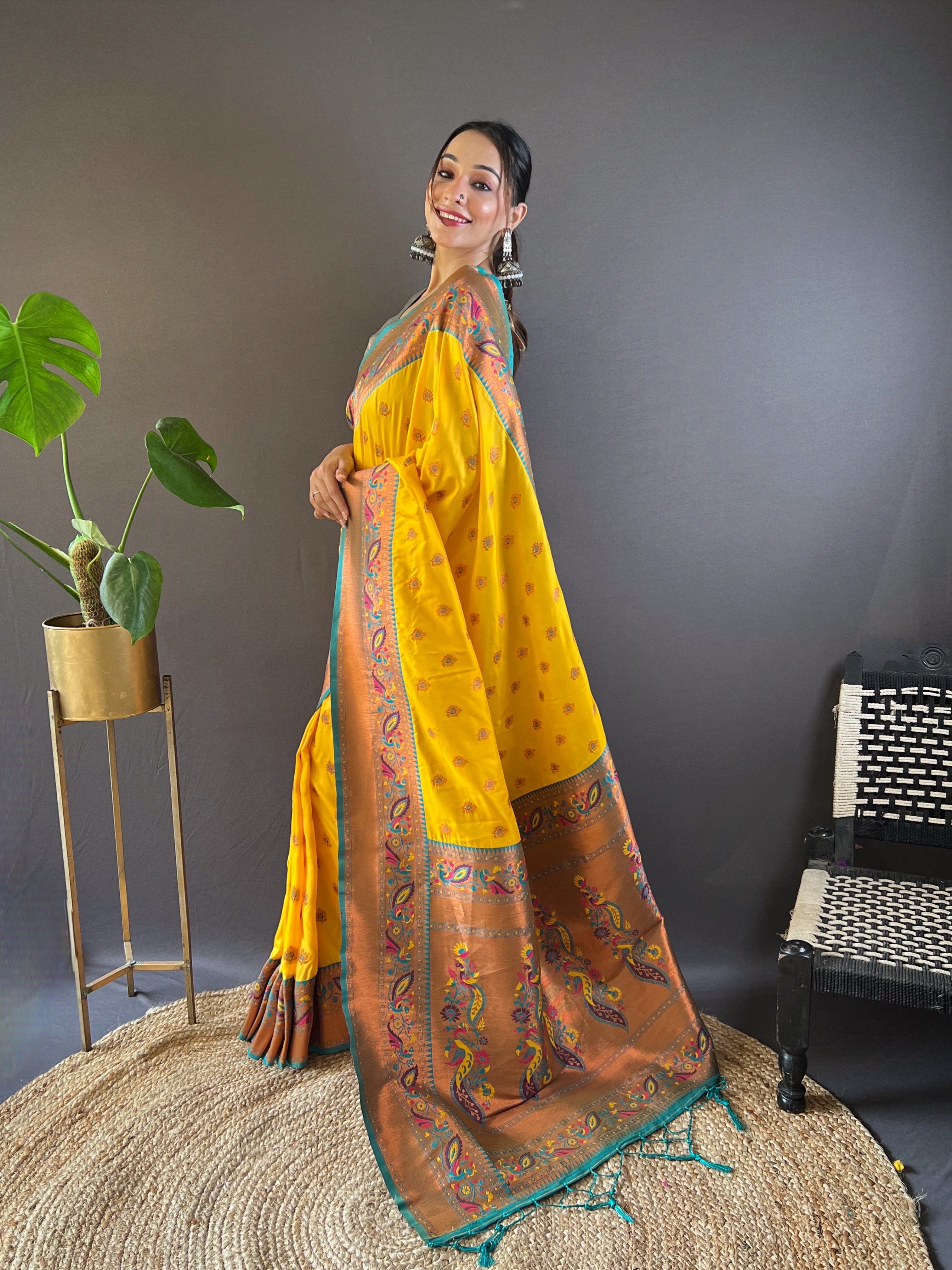 Bright Yellow Paithani Silk Saree