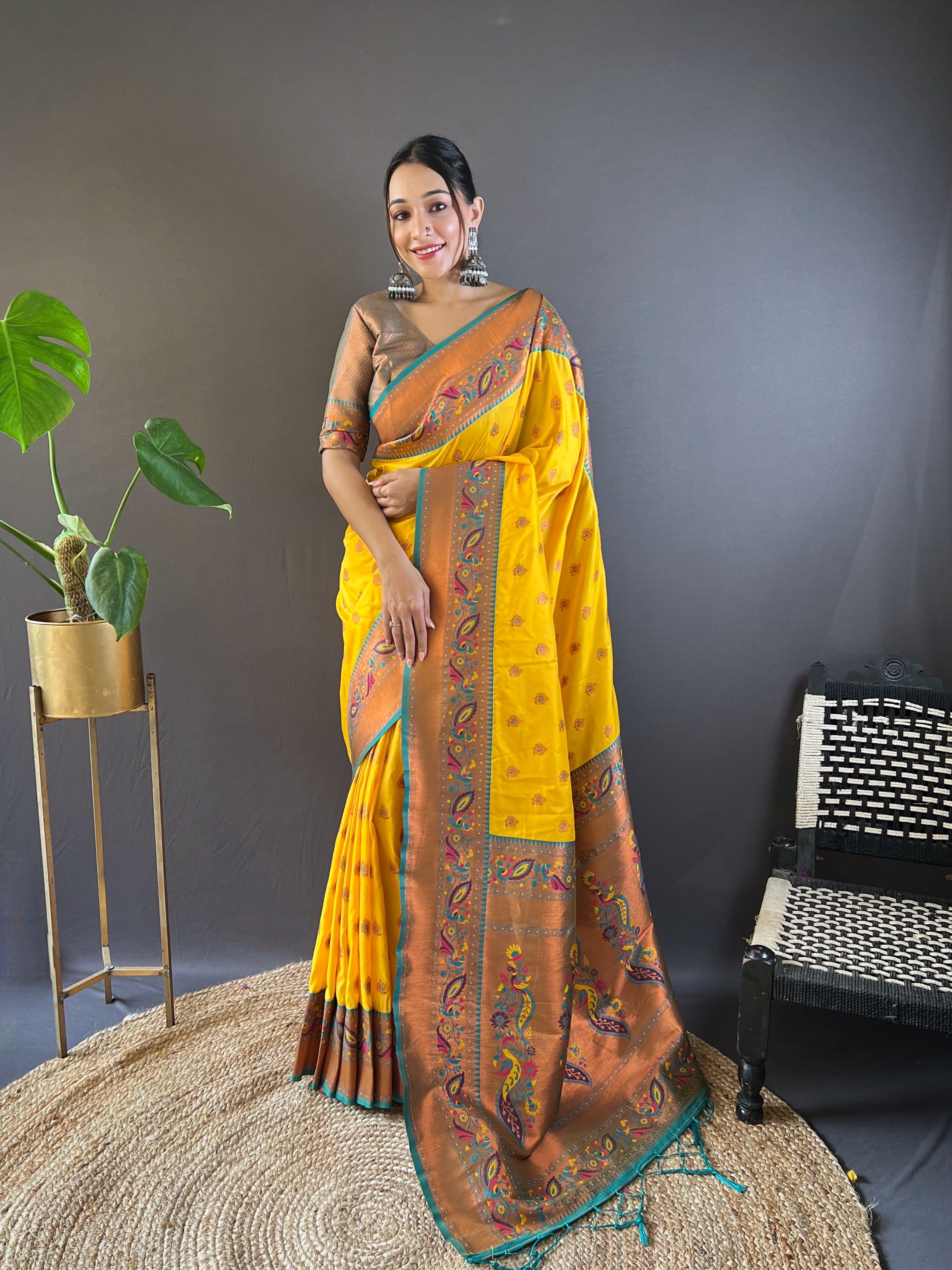 Bright Yellow Paithani Silk Saree