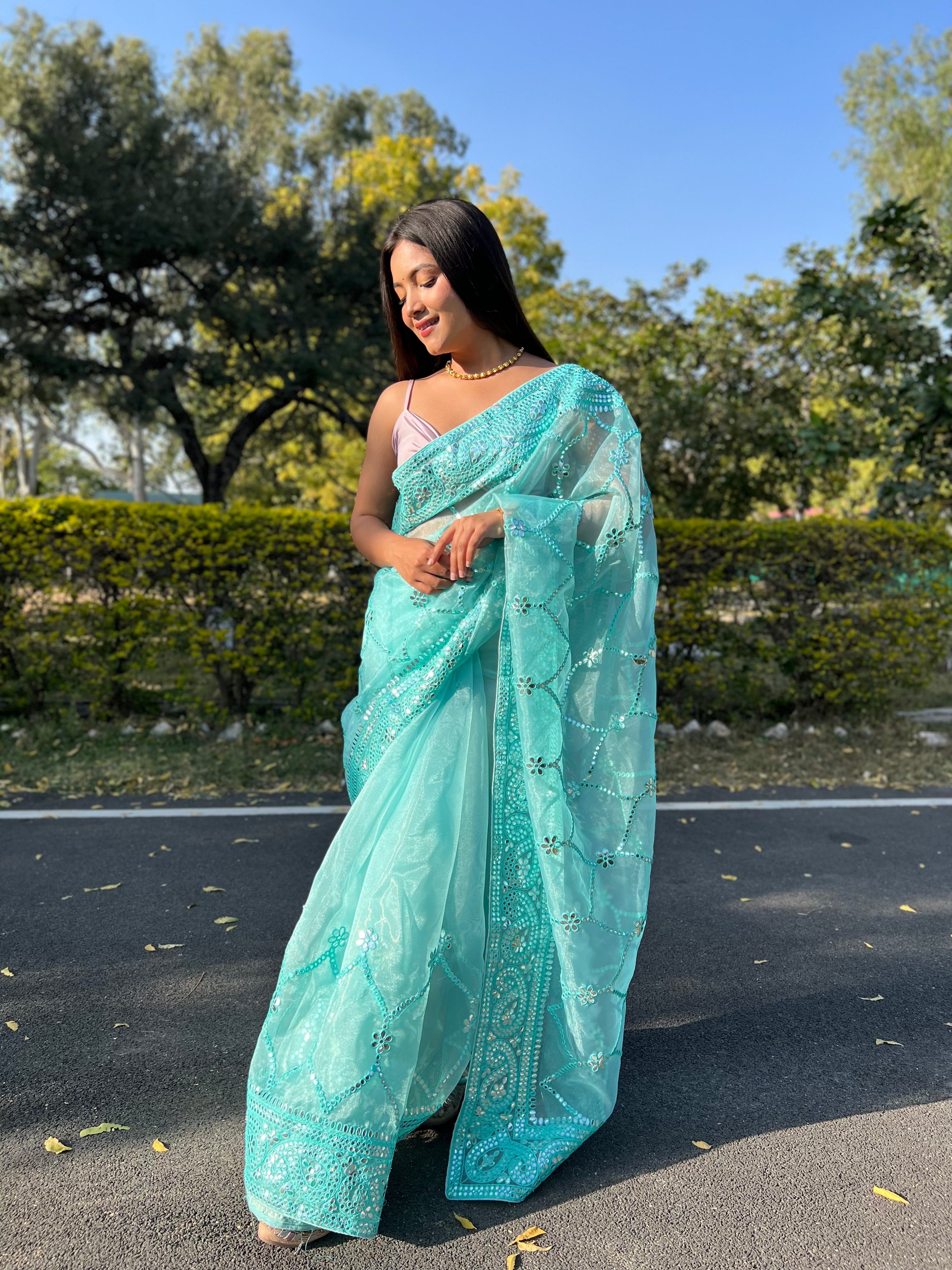 BLUE Organza Saree With Satin Benglori Blouse