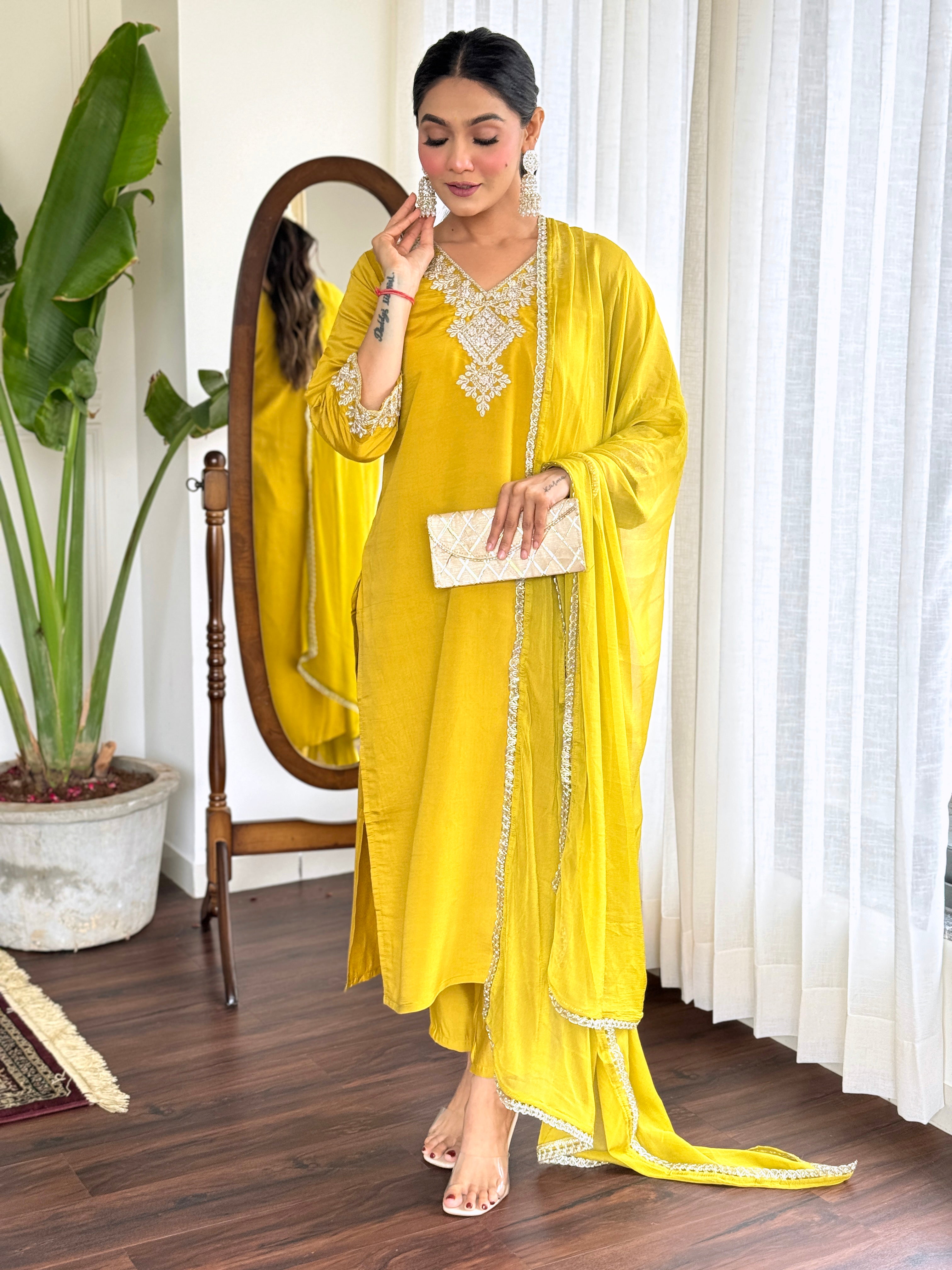 Yellow Chanderi Embroidery Dress
