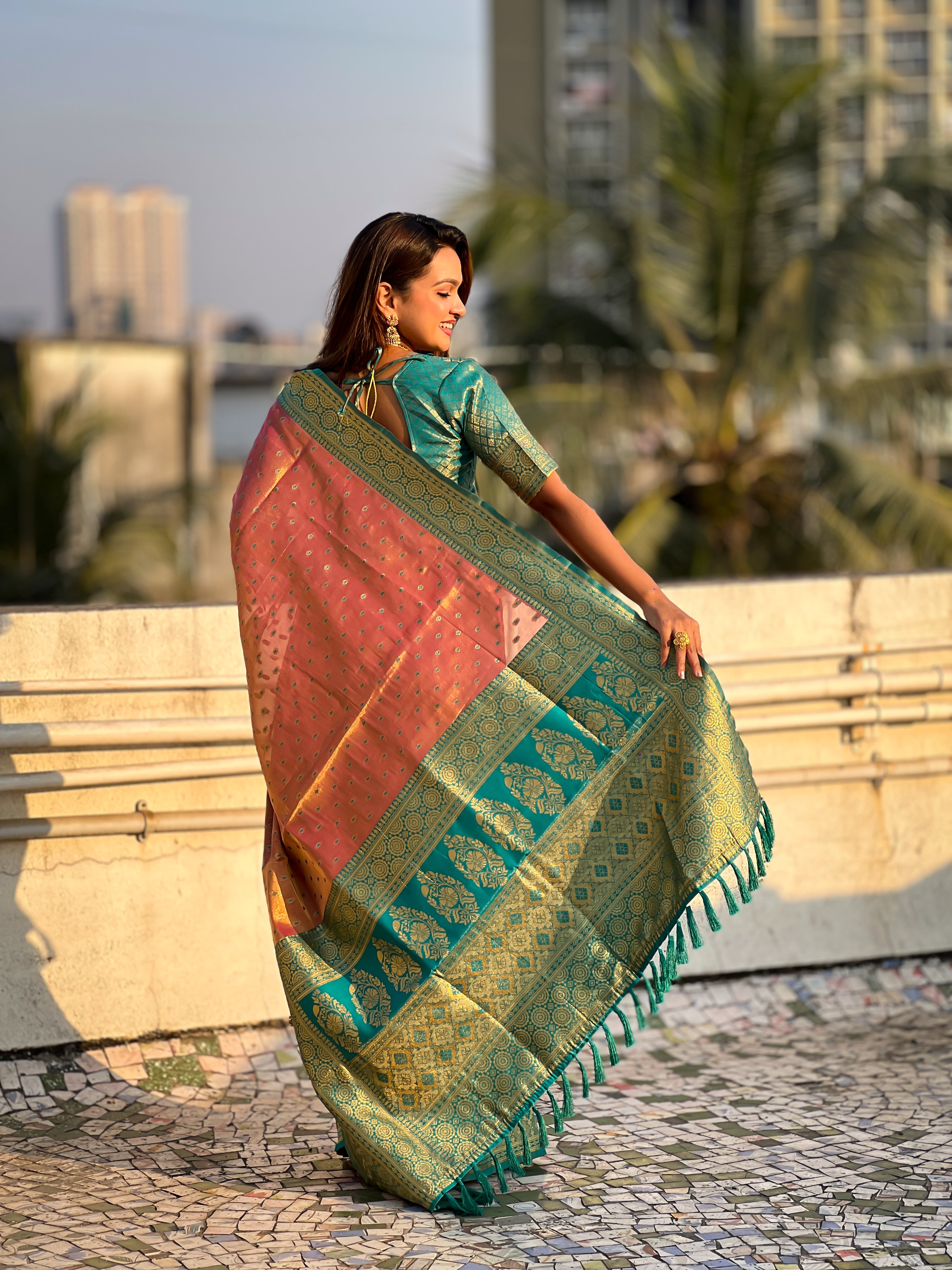 PEACH BANARASI SILK BLEND SAREE