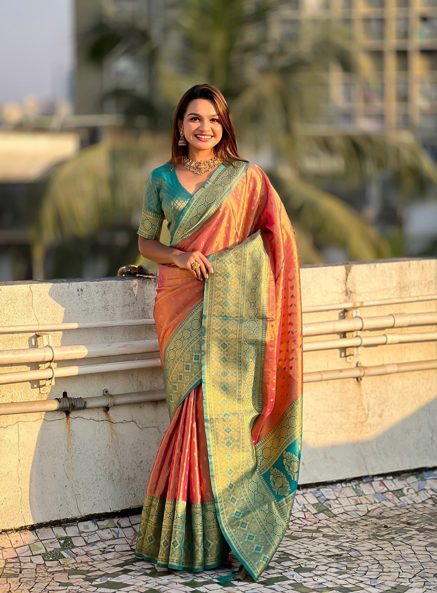 PEACH BANARASI SILK BLEND SAREE