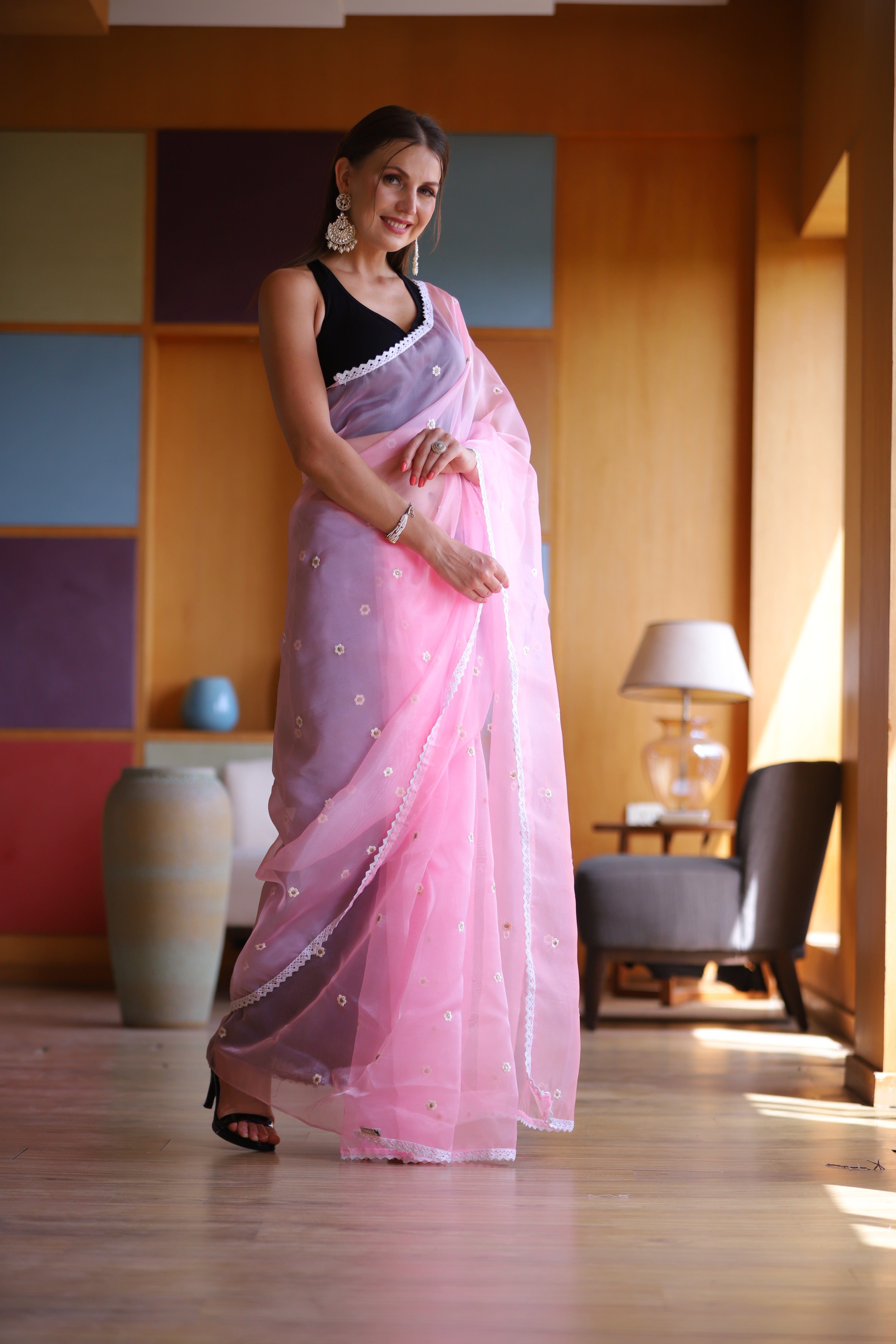 Pink Oragnza Saree With Satin Benglori Blouse