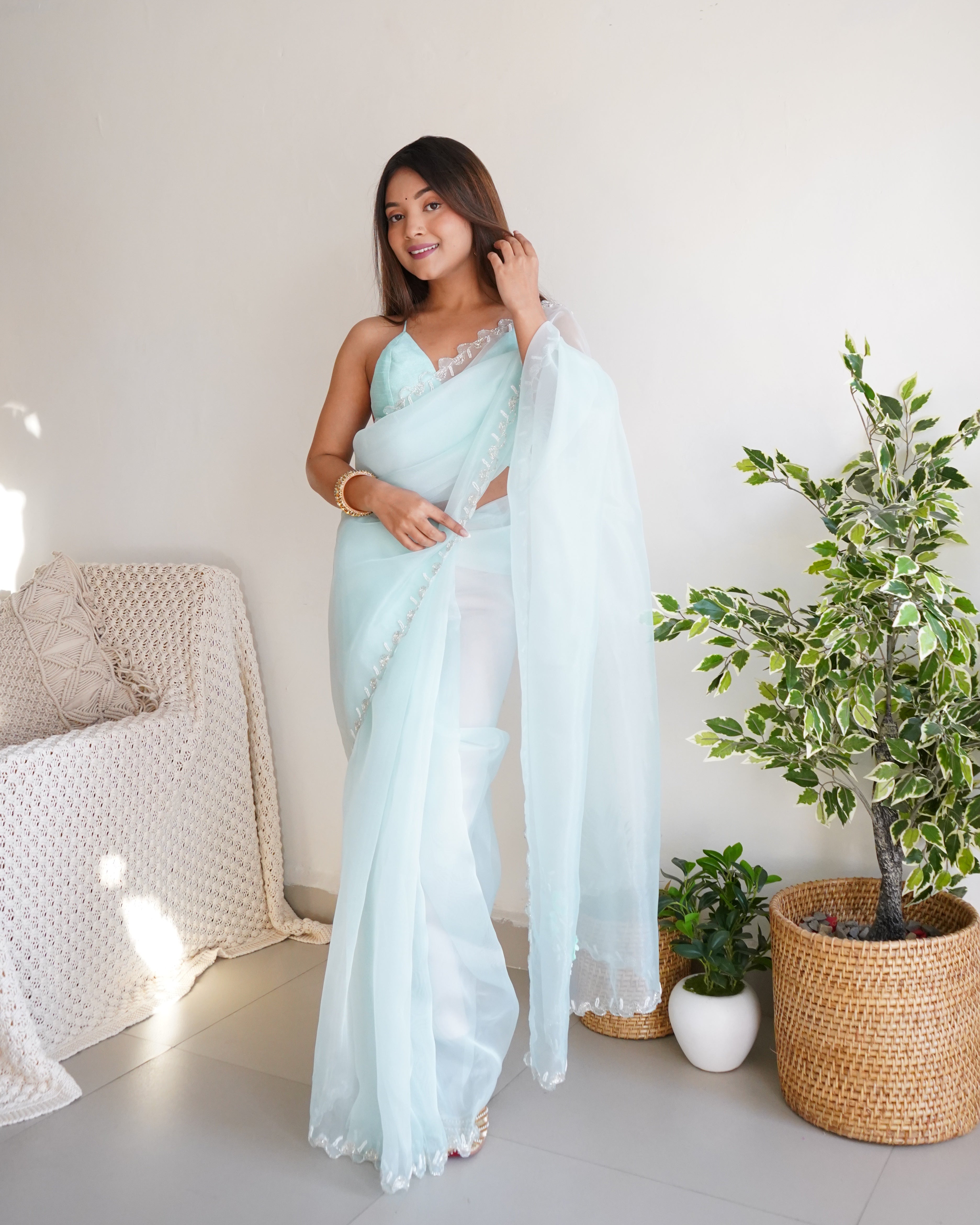 Sky Organza Saree With Chikankari Blouse