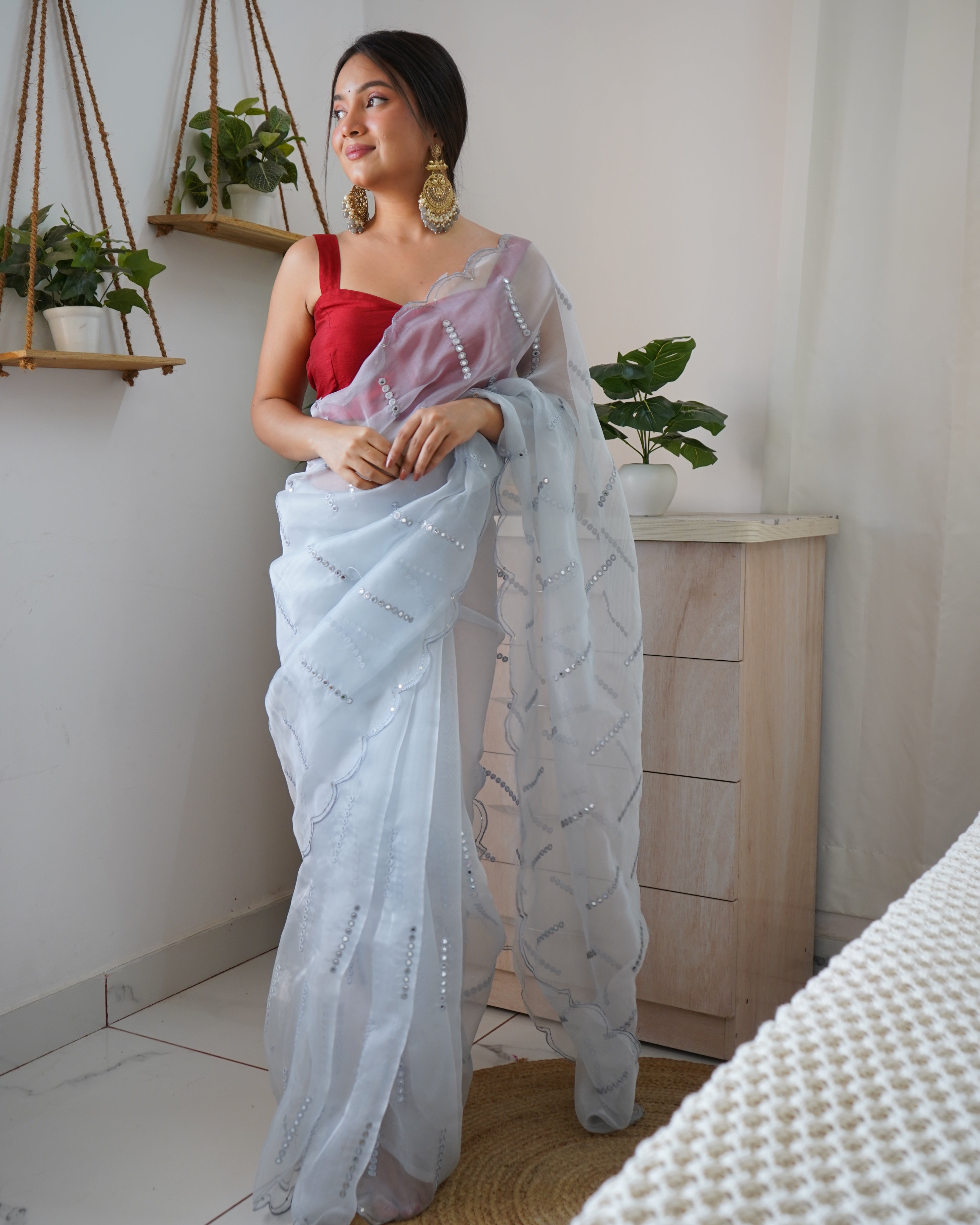 Sky Organza Saree With Satin Benglori Blouse