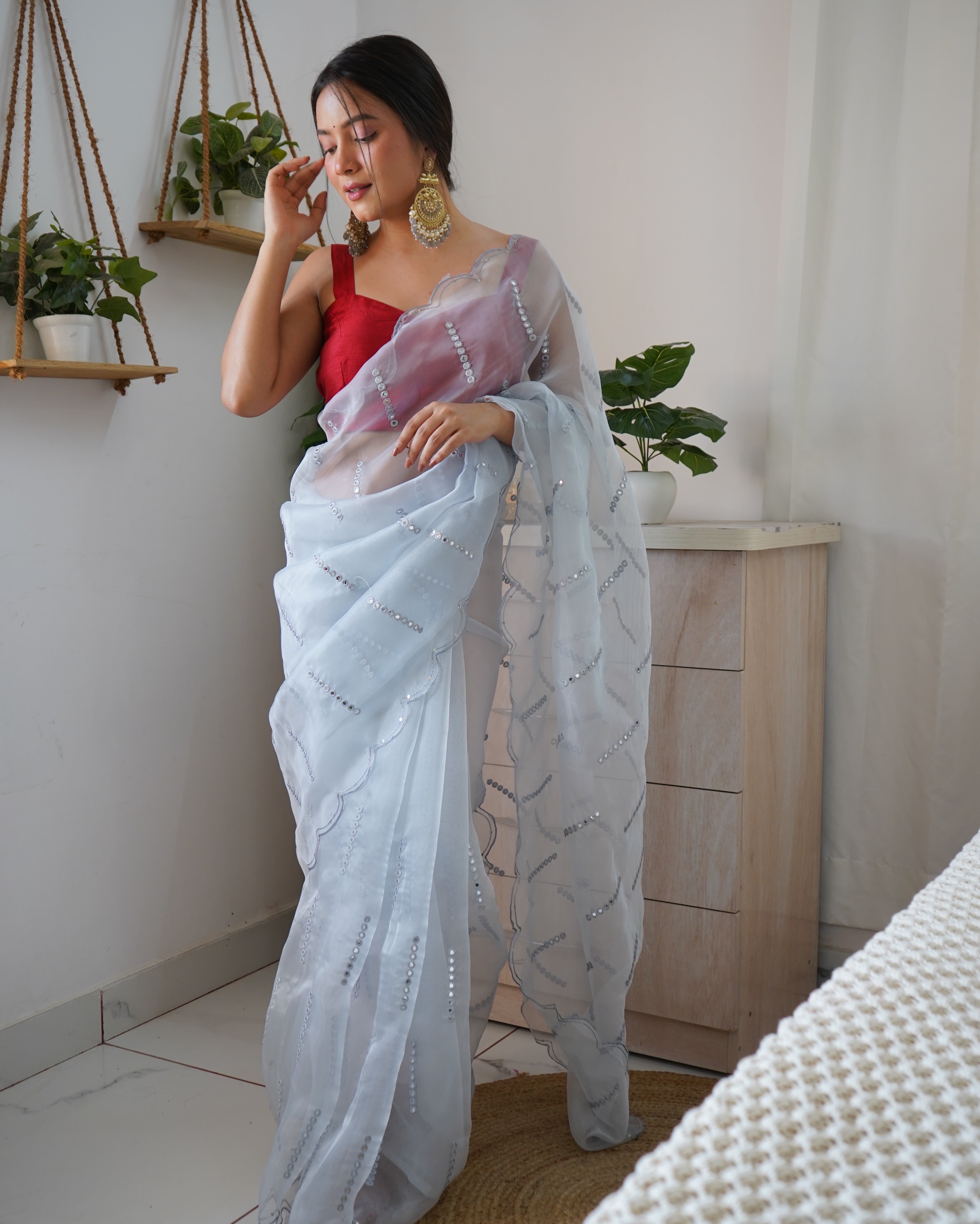 Sky Organza Saree With Satin Benglori Blouse