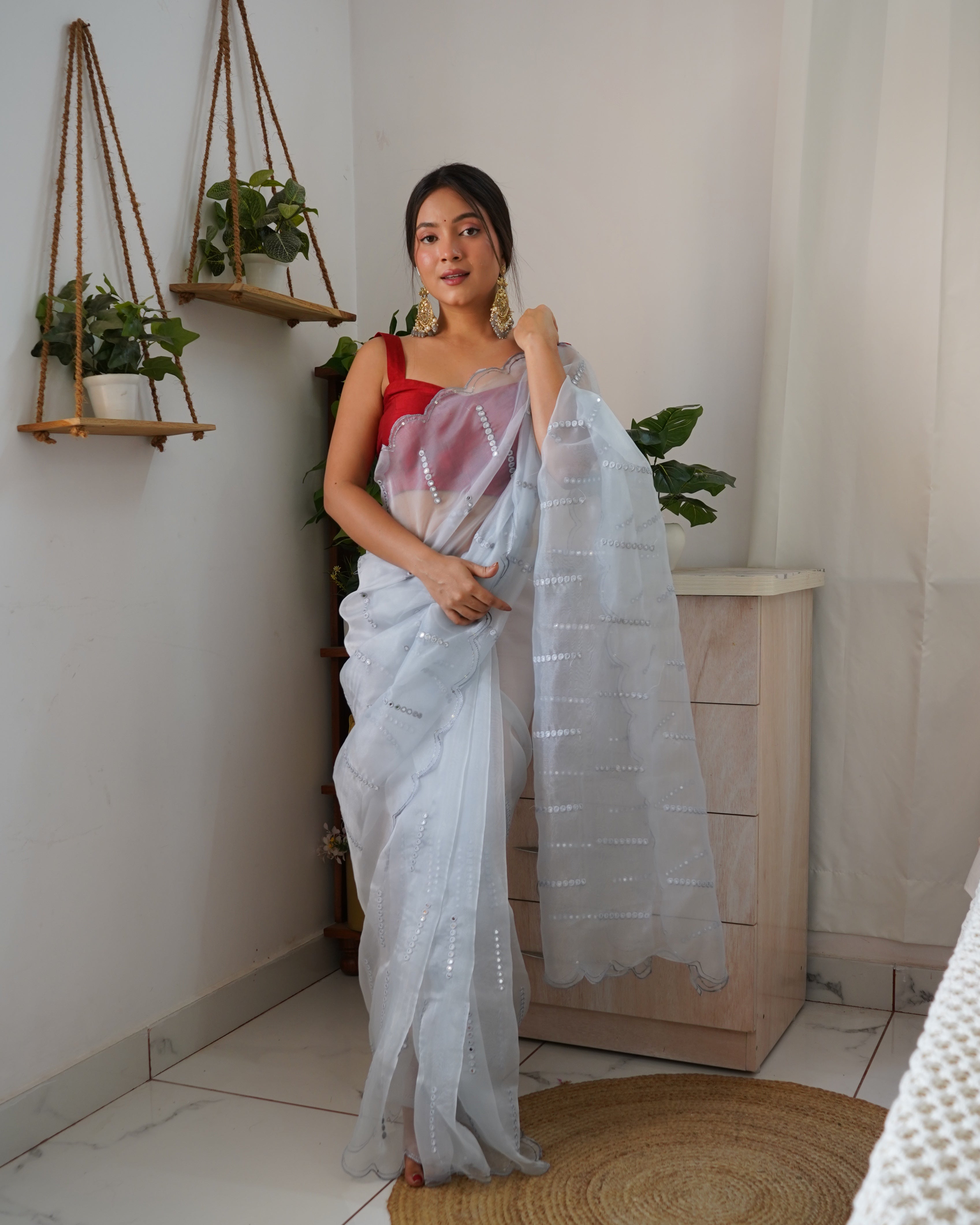 Sky Organza Saree With Satin Benglori Blouse