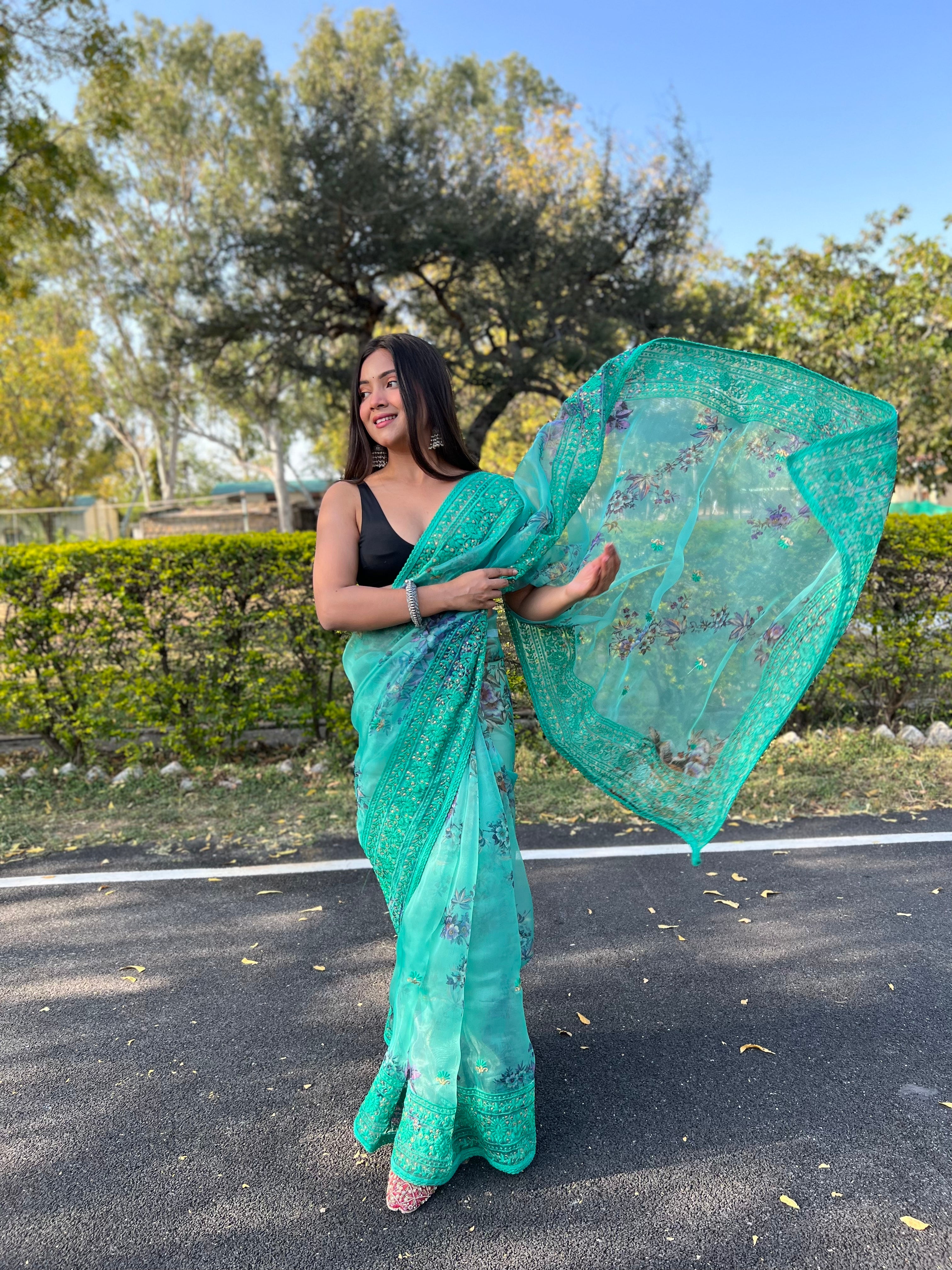 BLUE Organza Saree With Satin Benglori Blouse
