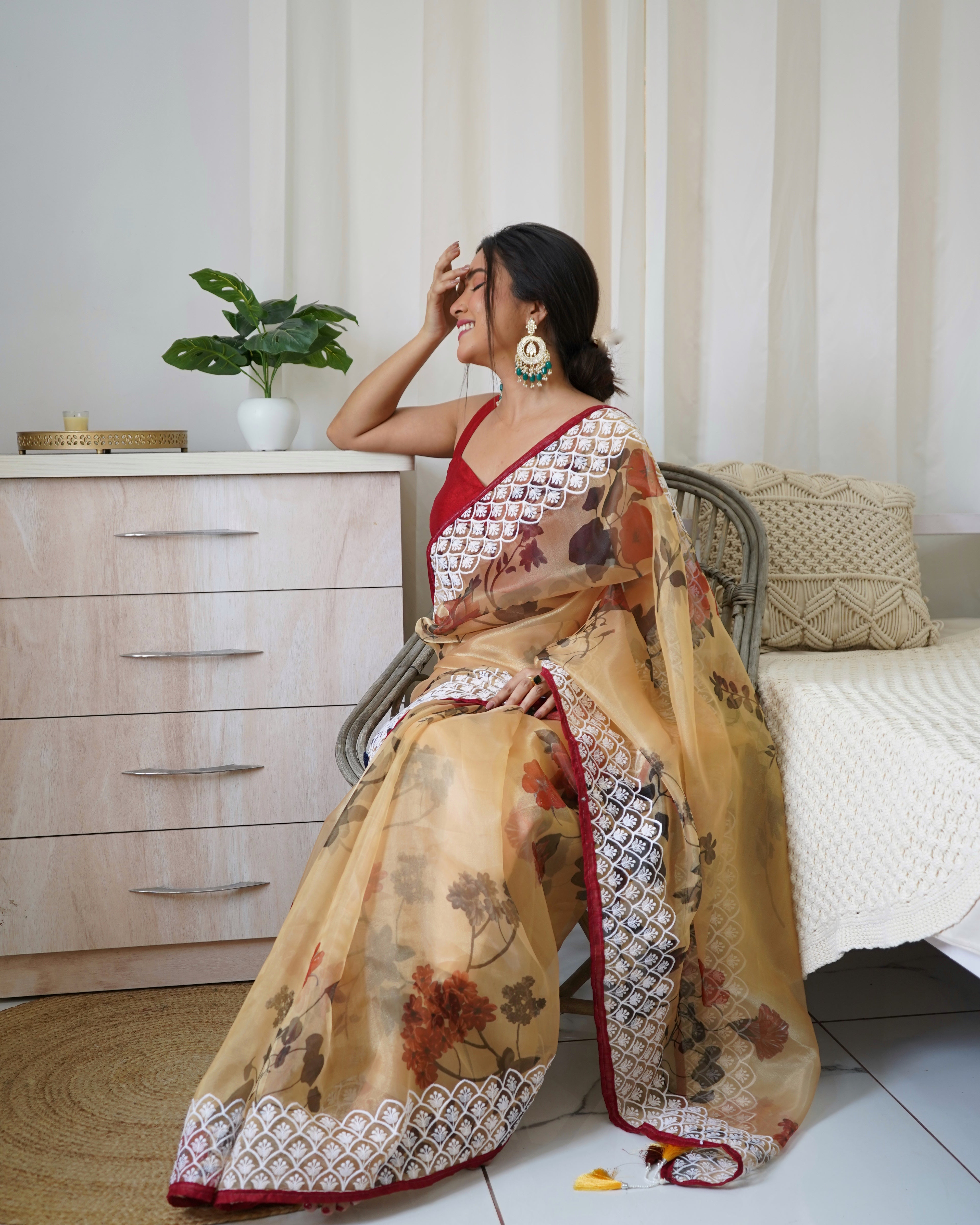Brown Organza Saree With Satin Benglori Blouse