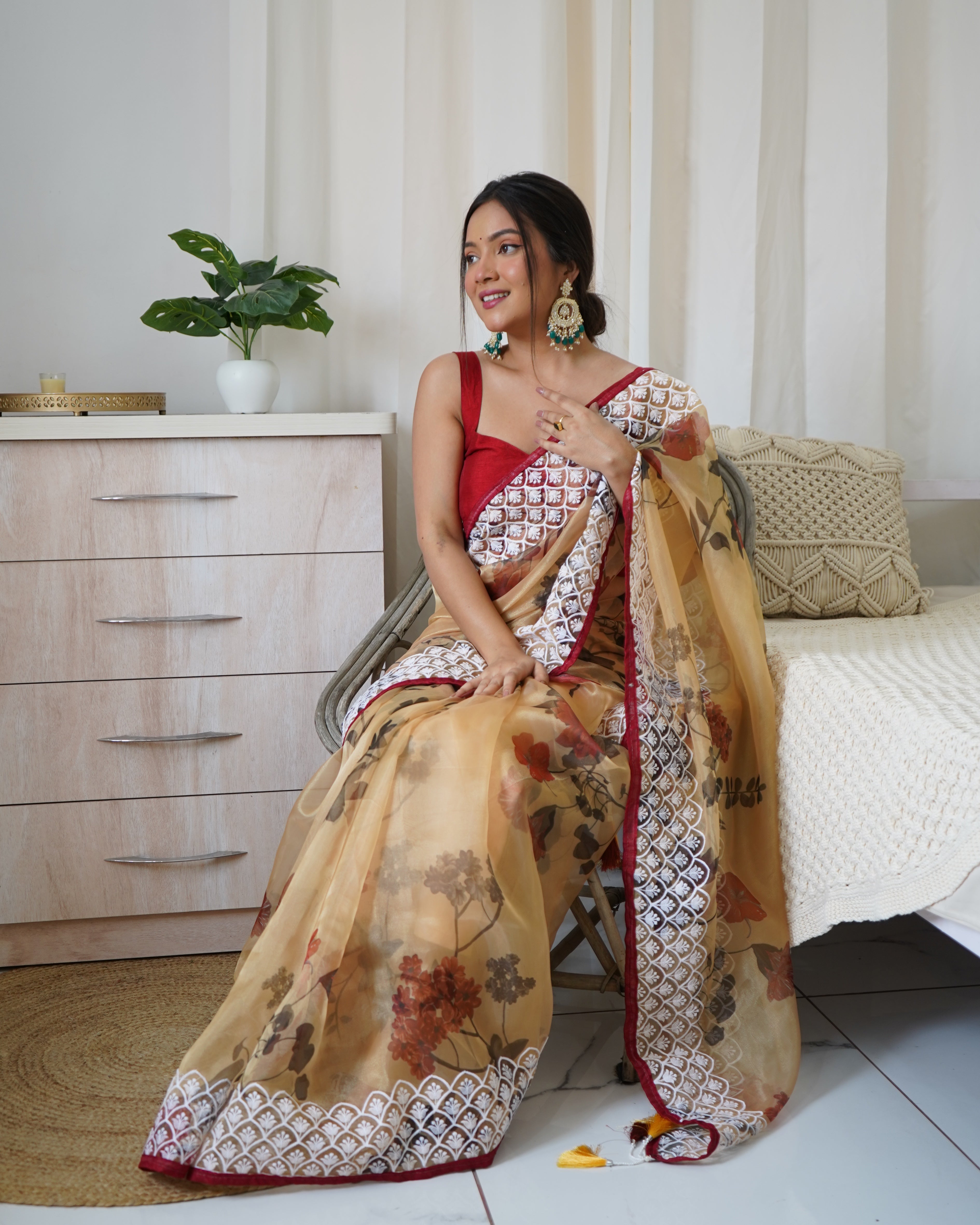Brown Organza Saree With Satin Benglori Blouse