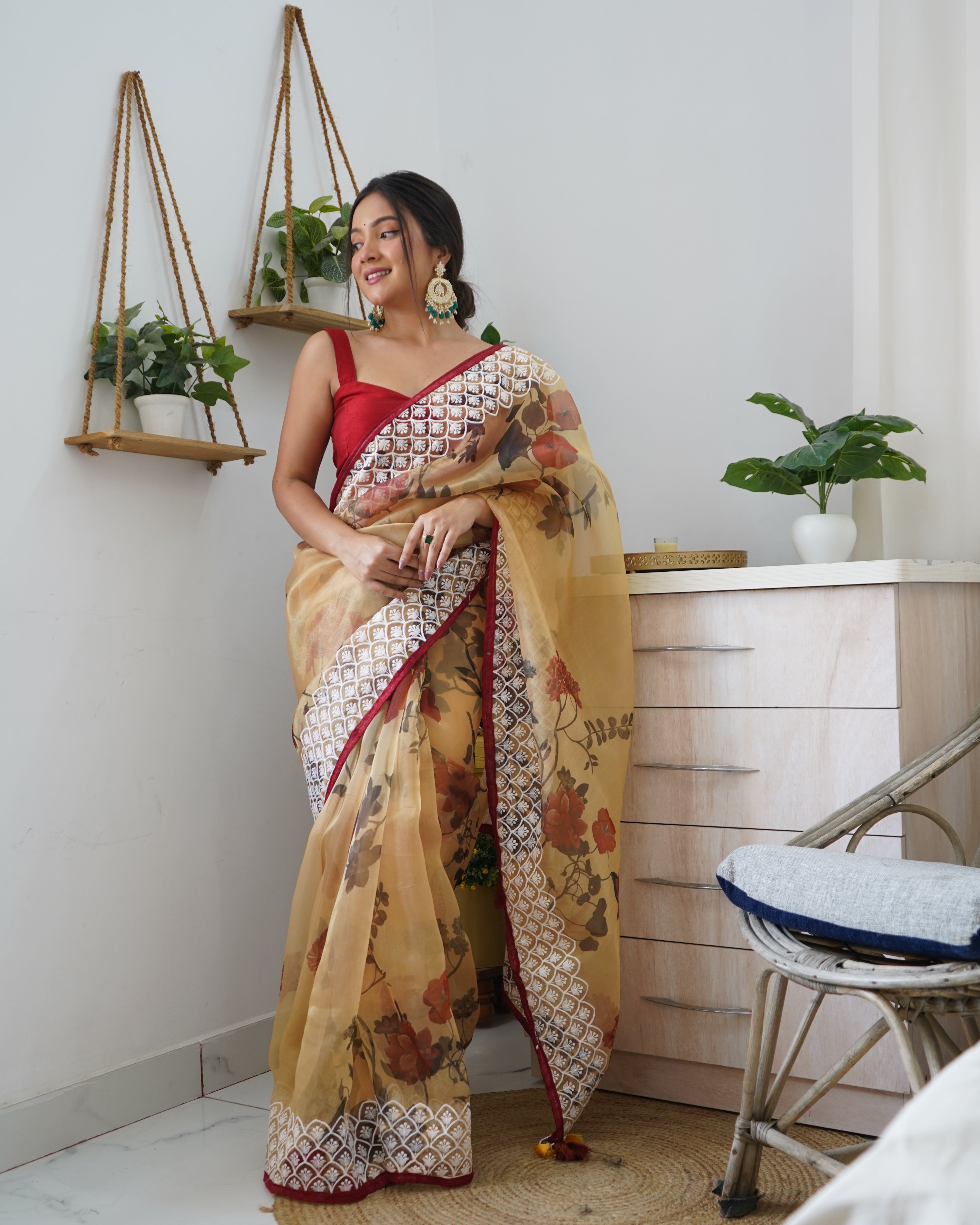Brown Organza Saree With Satin Benglori Blouse