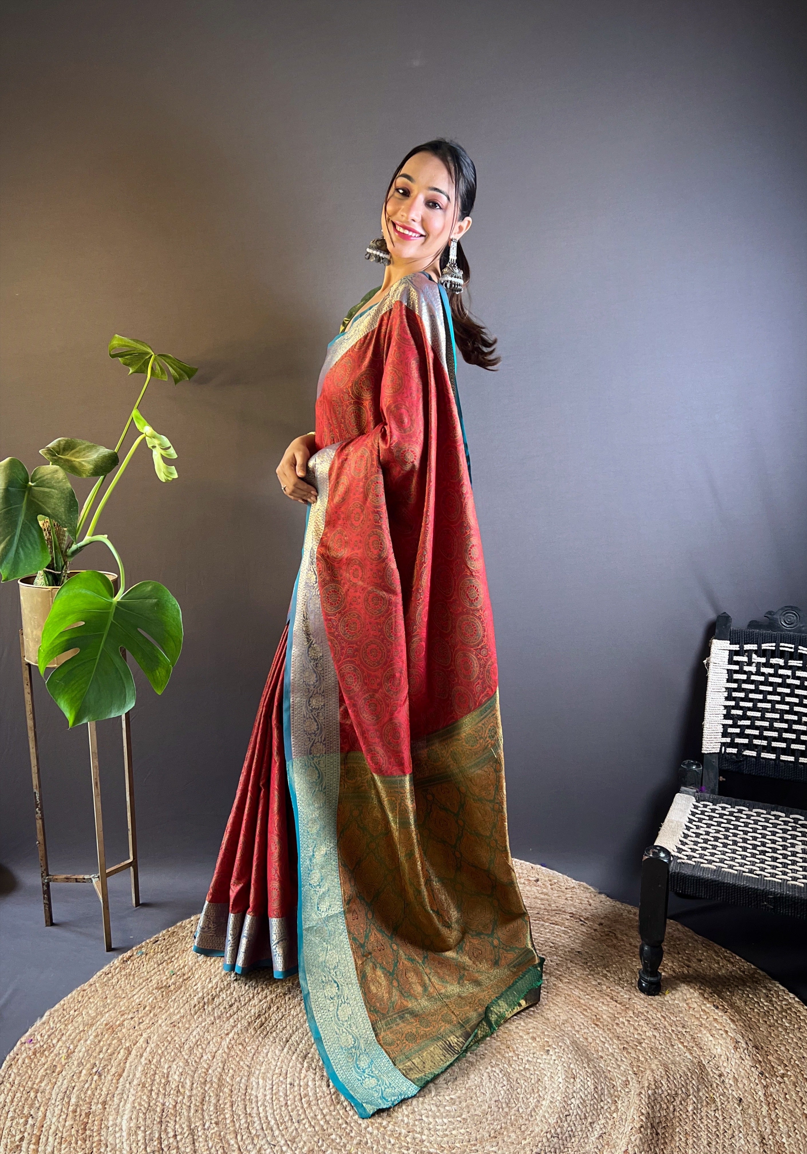 Red Kashmiri Banarasi Saree