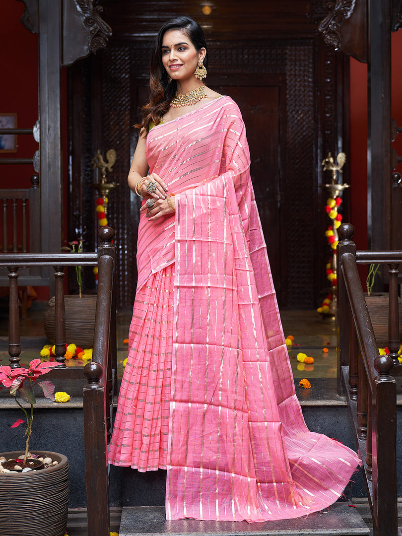 Baby Pink Cotton Saree With Blouse Piece