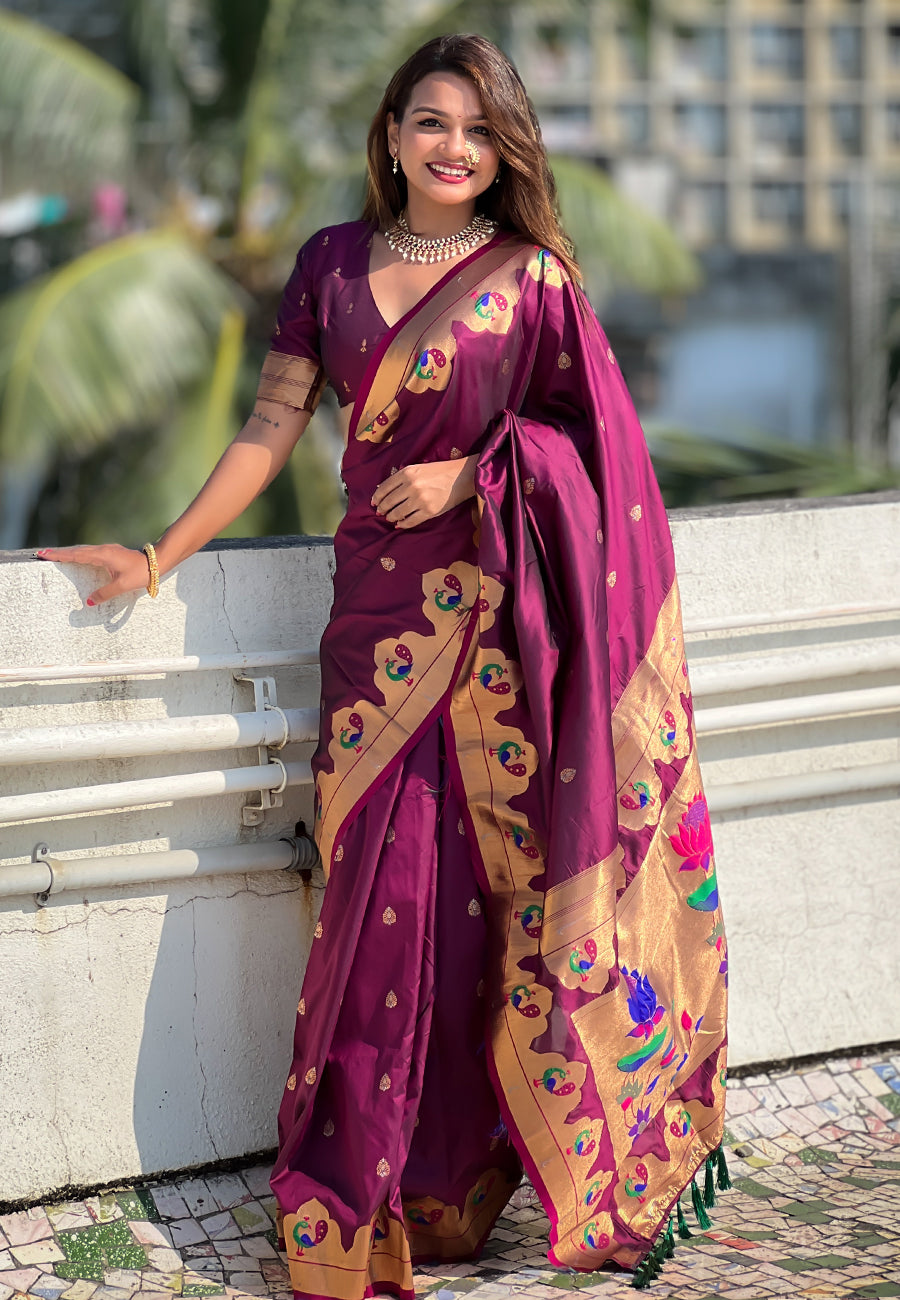 WINE BANARASI SILK BLEND SAREE