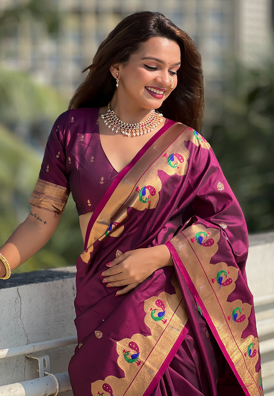 WINE BANARASI SILK BLEND SAREE