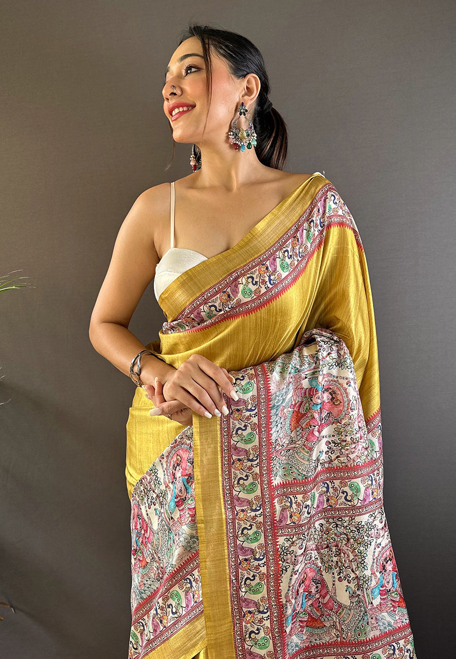 YELLOW TUSSAR MADHUBANI PRINTED SAREE