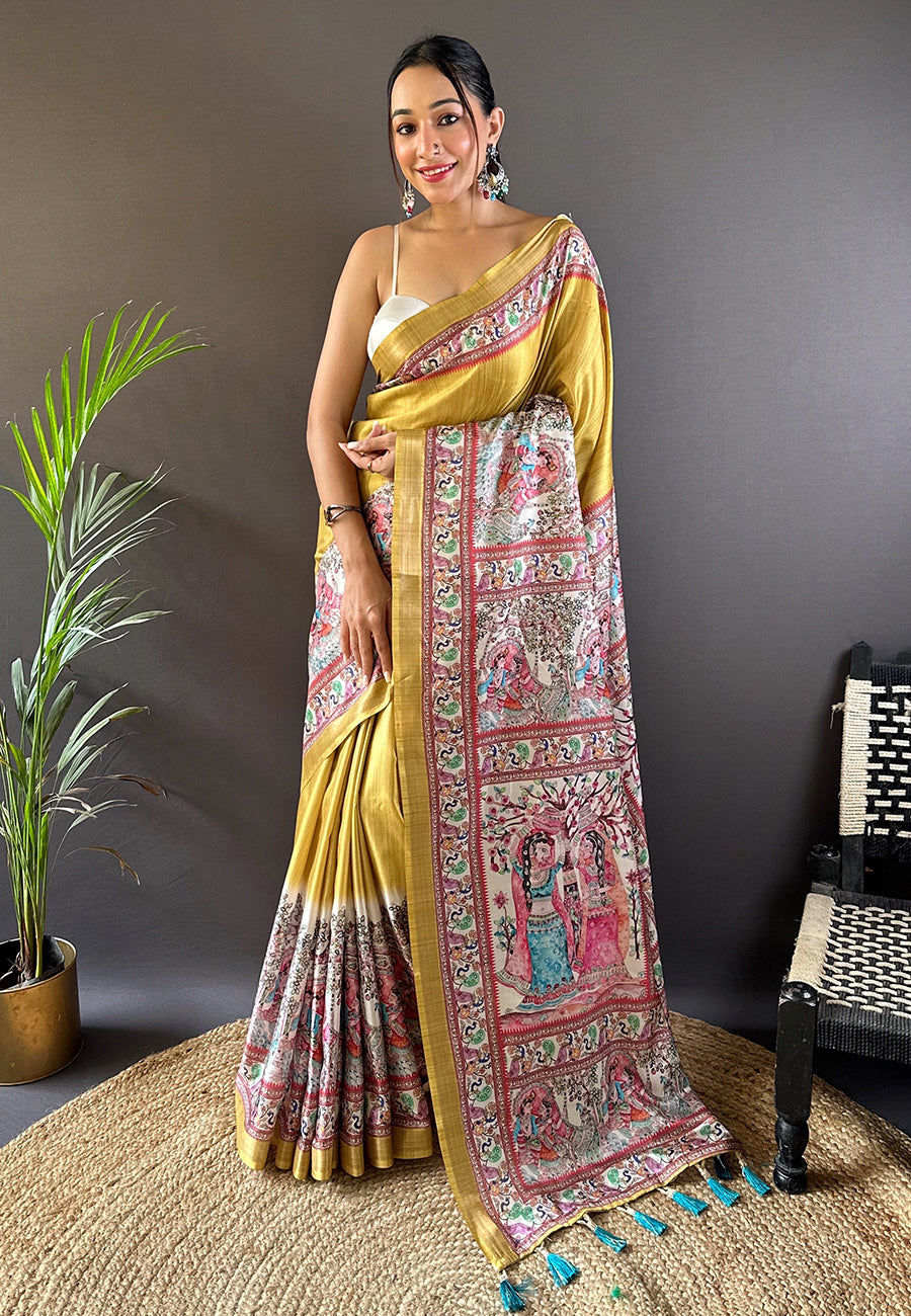 YELLOW TUSSAR MADHUBANI PRINTED SAREE