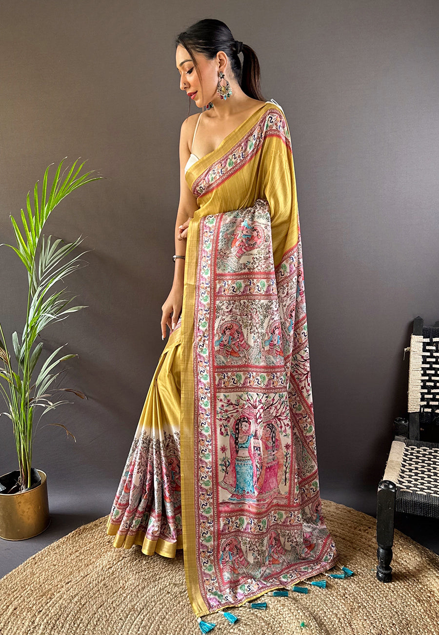 YELLOW TUSSAR MADHUBANI PRINTED SAREE