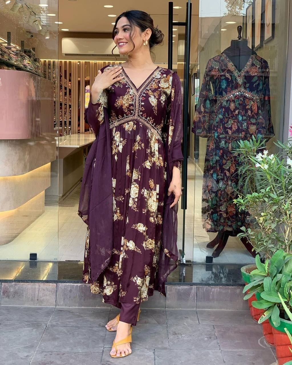 Maroon Women Embrodairy Printed Flared Kurti & Pant With Dupatta Set