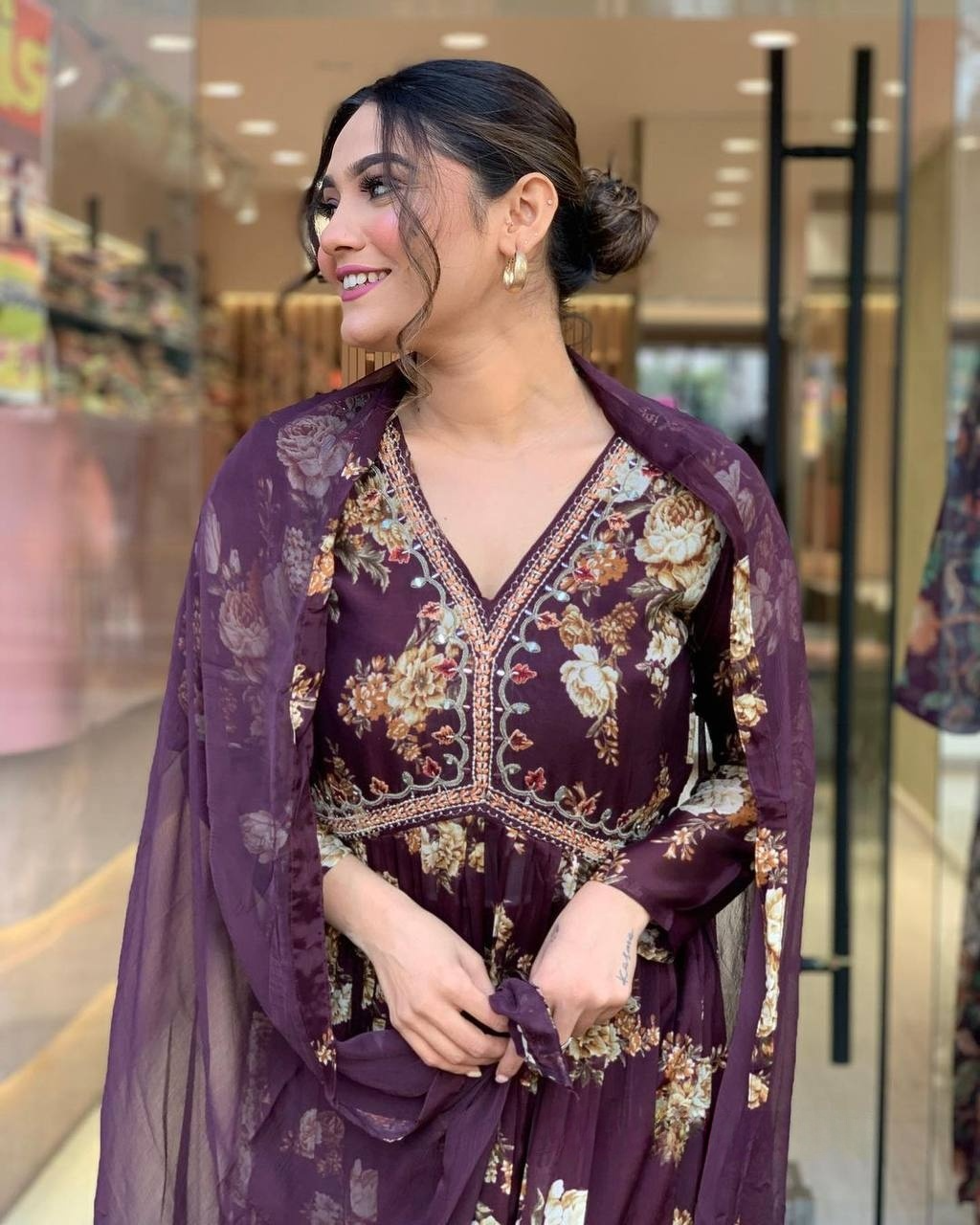 Maroon Women Embrodairy Printed Flared Kurti & Pant With Dupatta Set