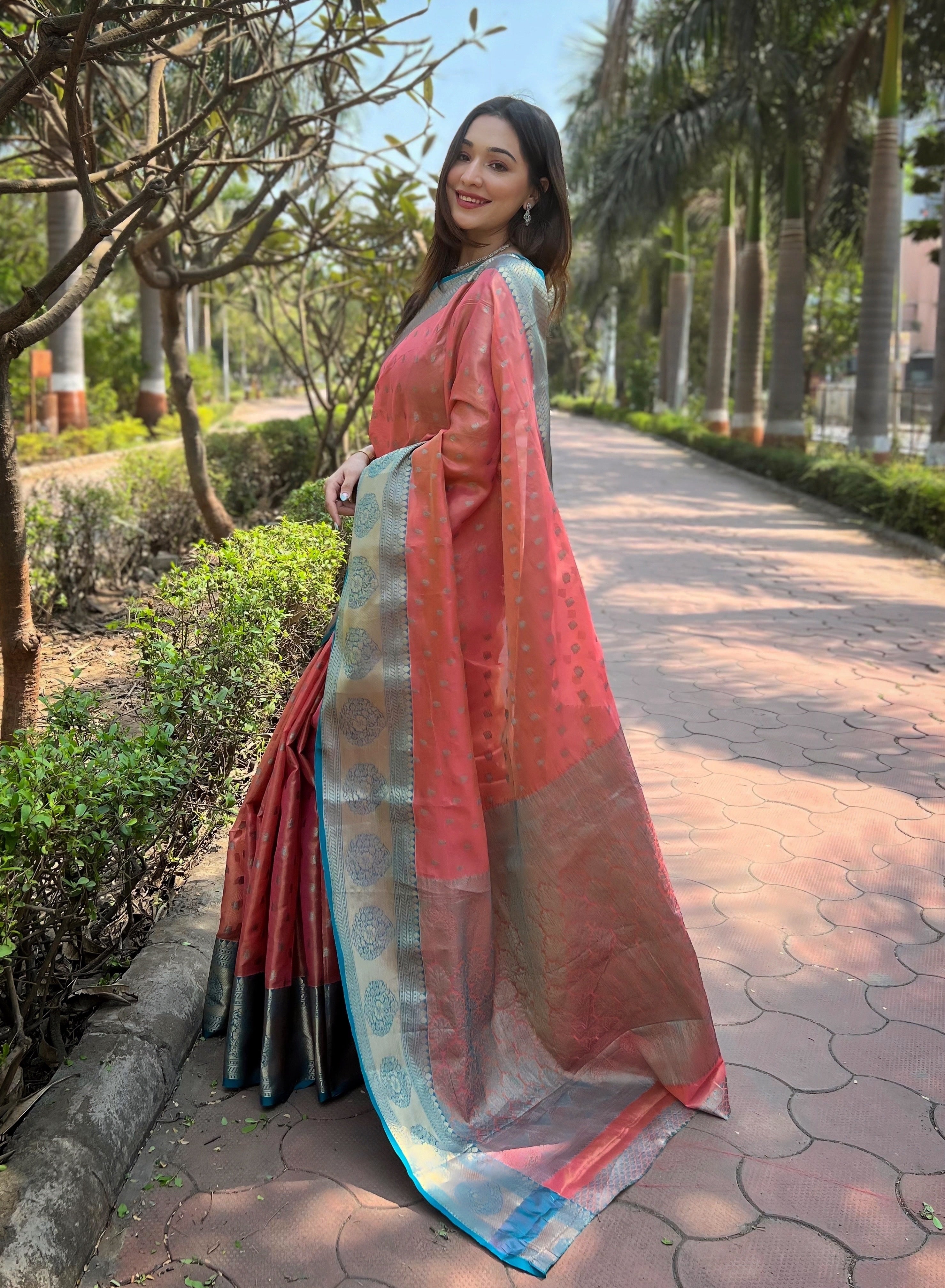 Peach Red Banarasi Saree