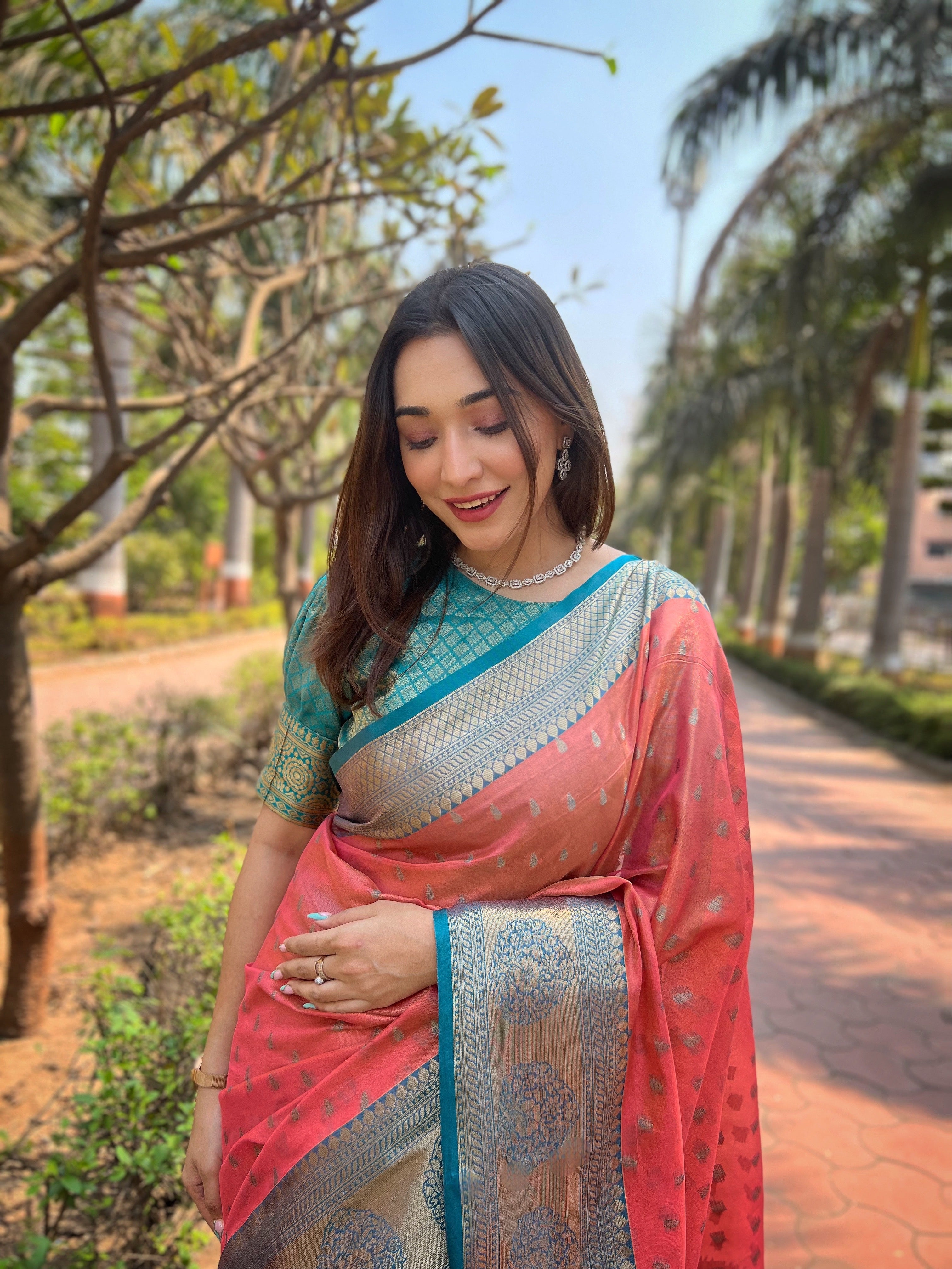 Peach Red Banarasi Saree
