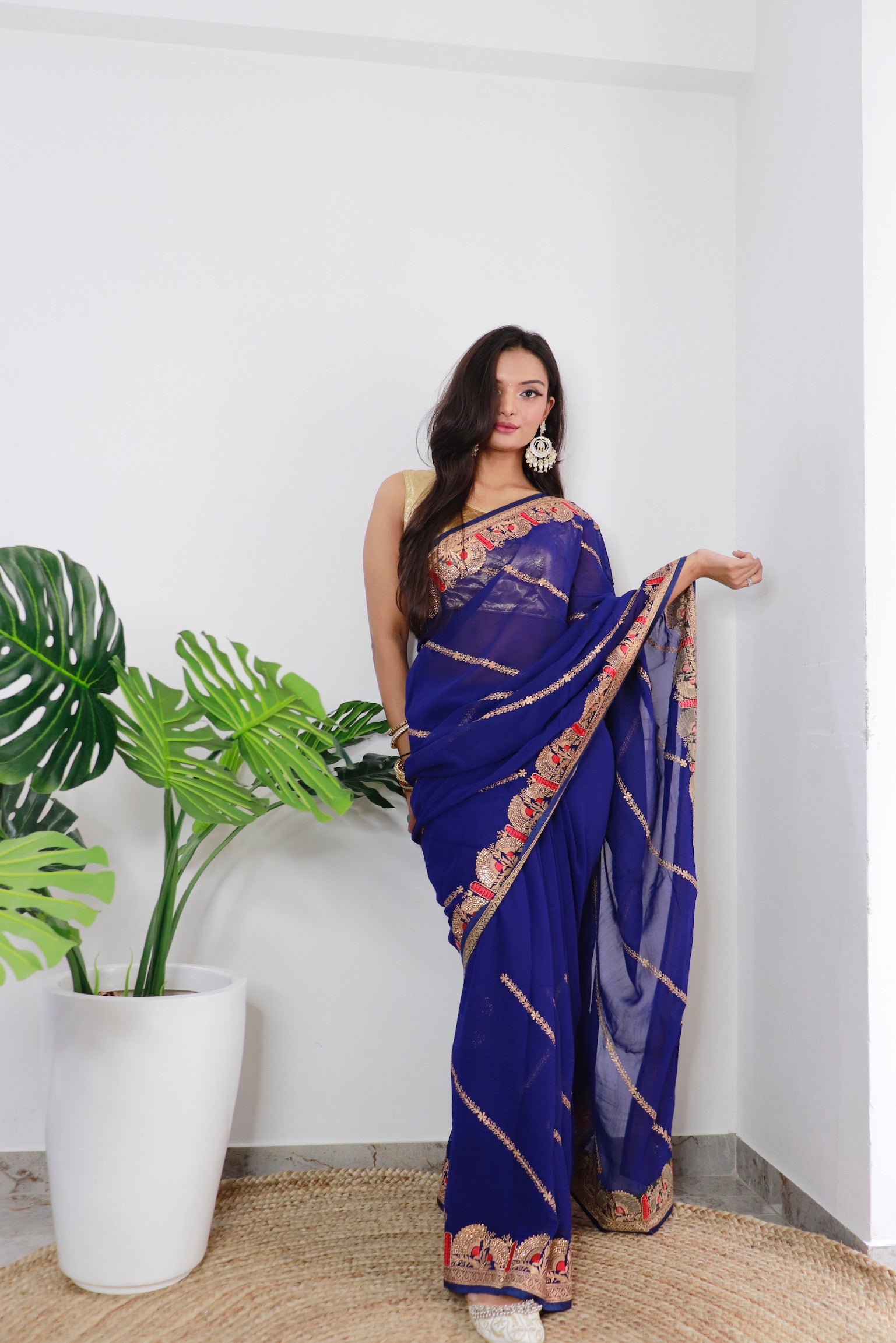 Navy blue Georgette Saree With Satin Benglori Blouse