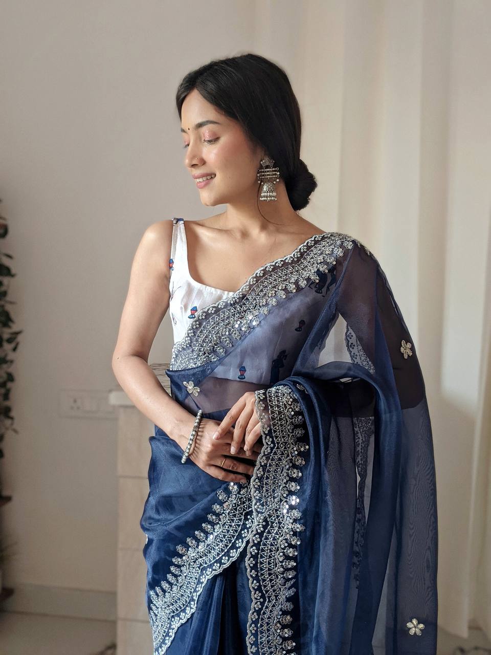 NAVY BLUE Organza Saree With weaving silk Blouse