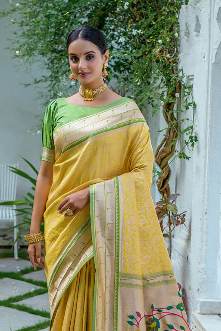 Yellow Kanjeevaram Silk Blend Saree