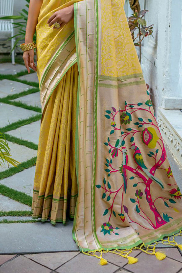 Yellow Kanjeevaram Silk Blend Saree