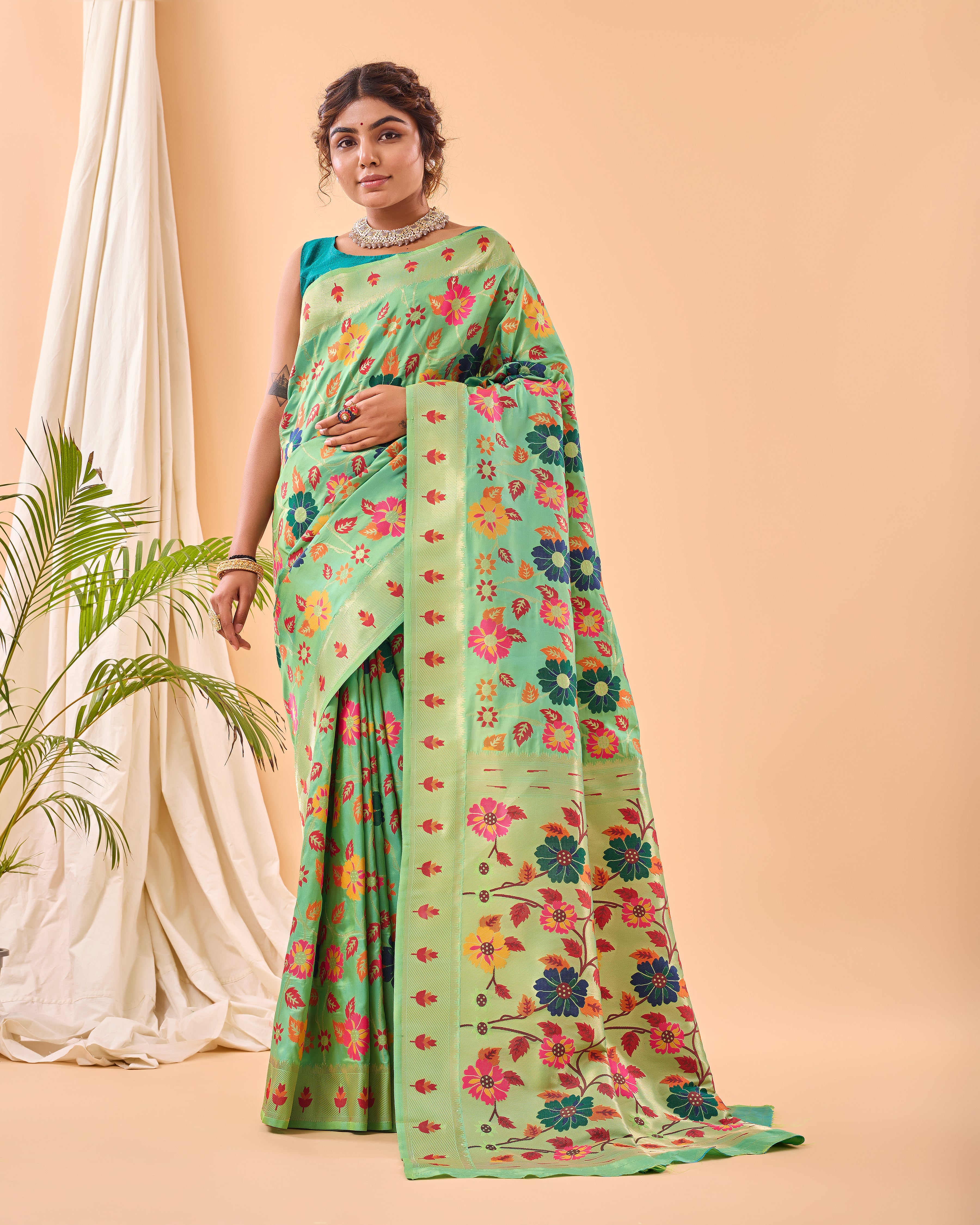 PISTA Pure paithani silk  SAREE