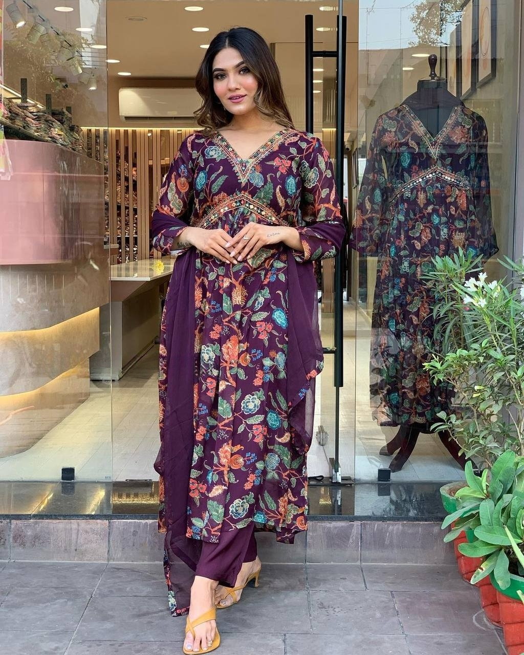 Purple Women Embrodairy Printed Flared Kurti & Pant With Dupatta Set