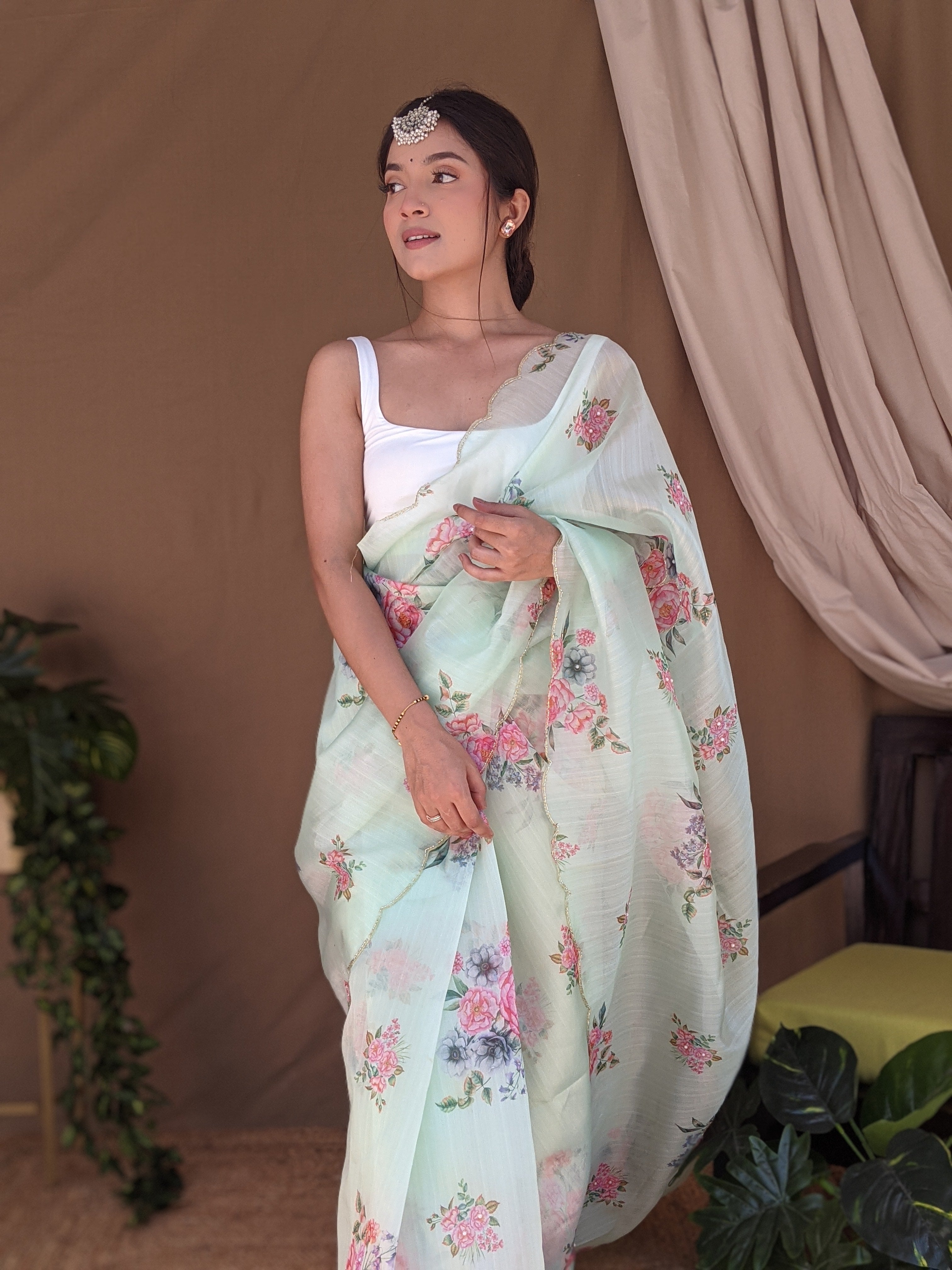 GREEN Khadi Organza Saree With Satin Benglori Blouse