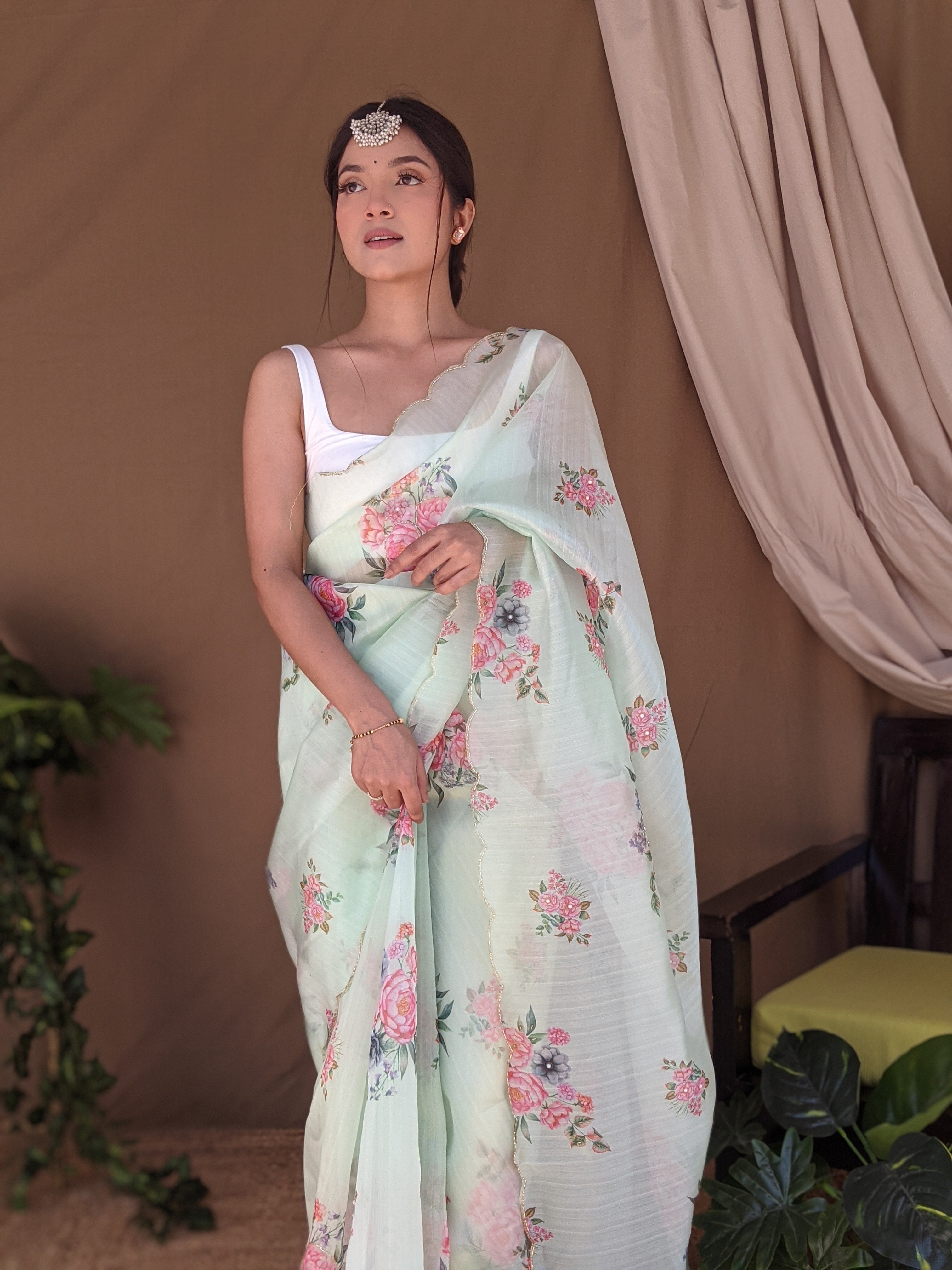 GREEN Khadi Organza Saree With Satin Benglori Blouse