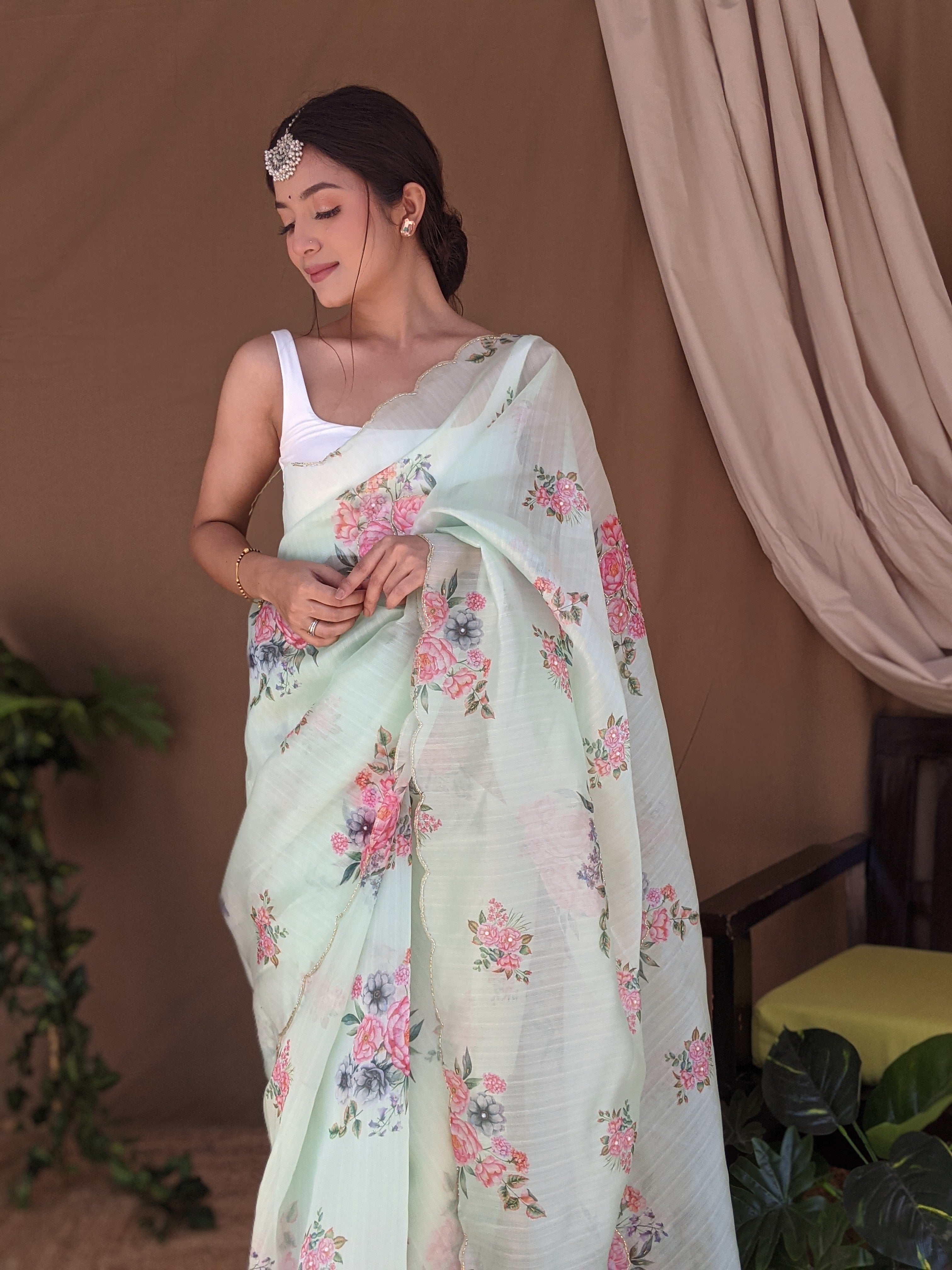 GREEN Khadi Organza Saree With Satin Benglori Blouse