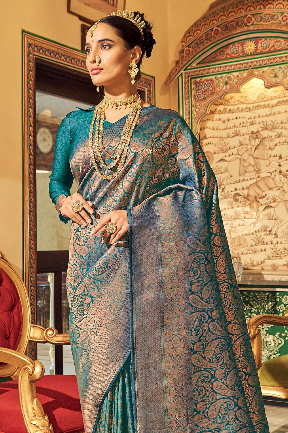 Blue Soft Handloom Weaving silk with Copper Zari