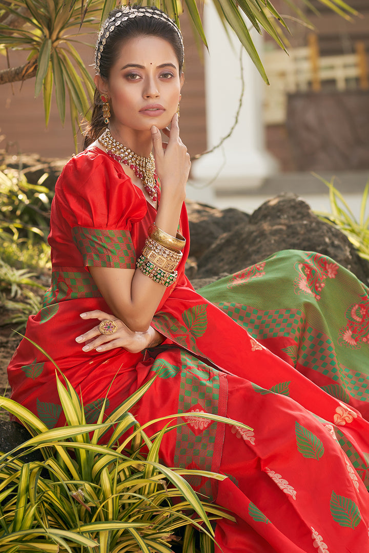 Tart Red Banarasi Silk Saree