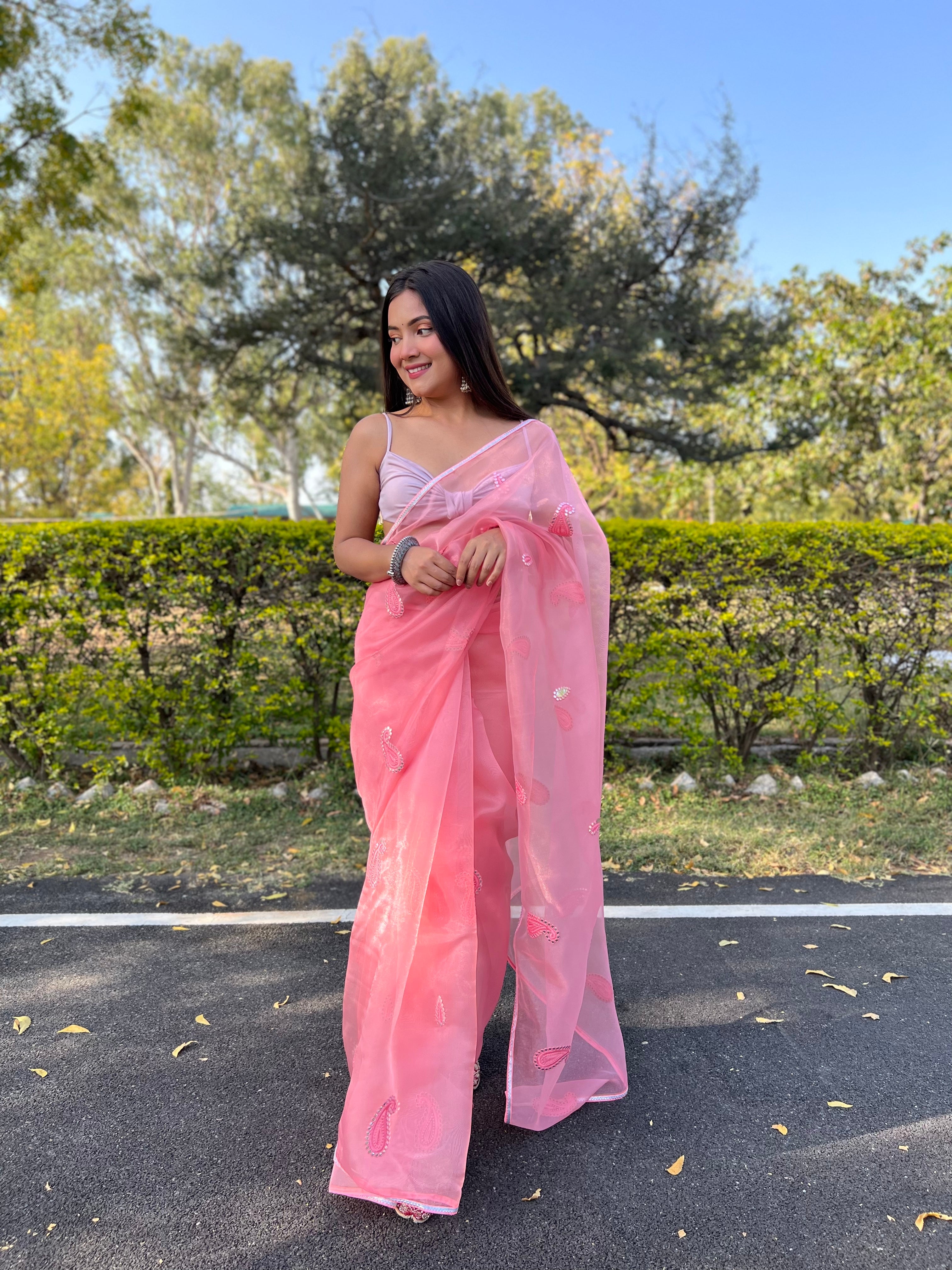 Pink Organza Saree With silk Blouse