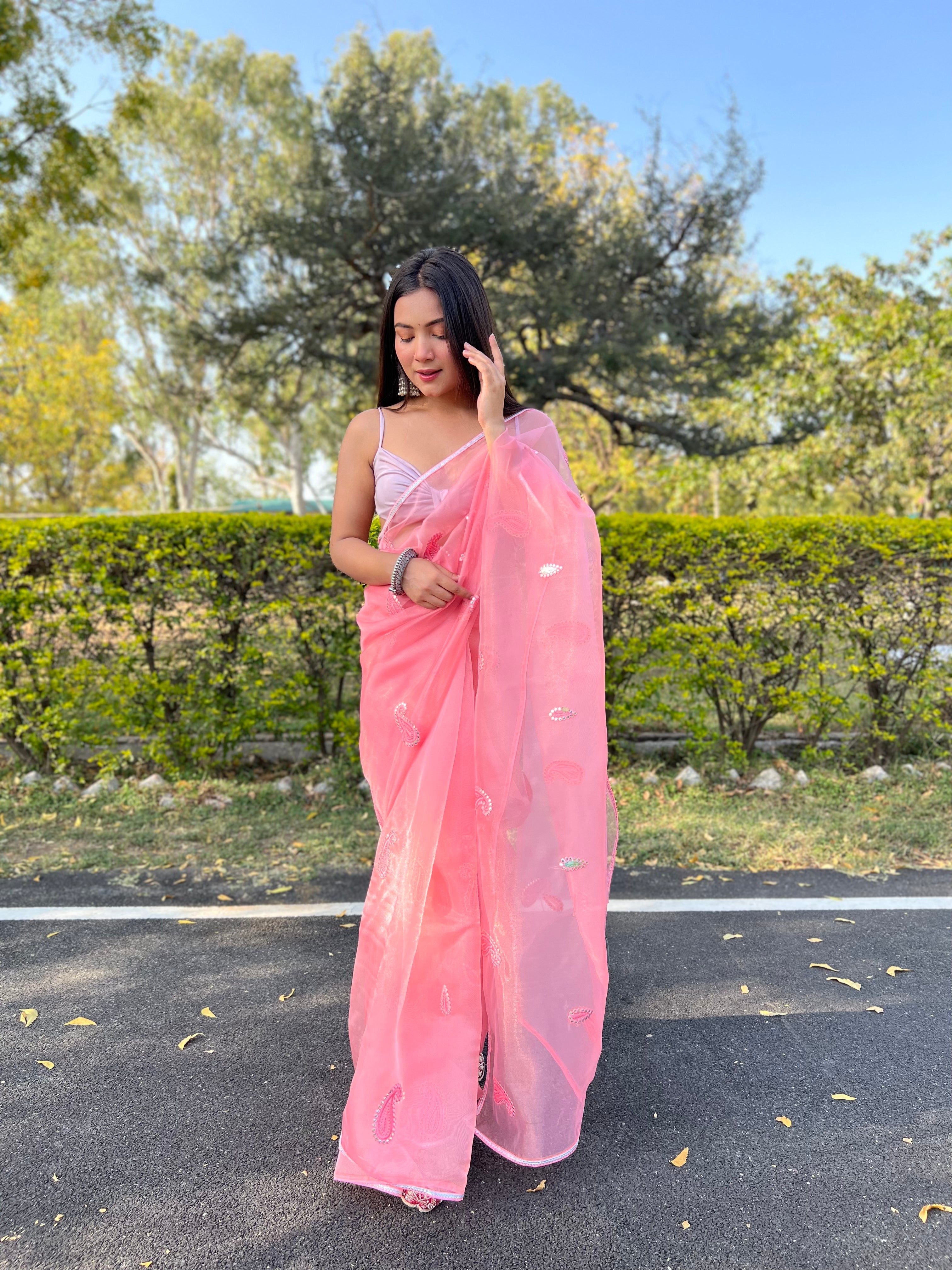 Pink Organza Saree With silk Blouse