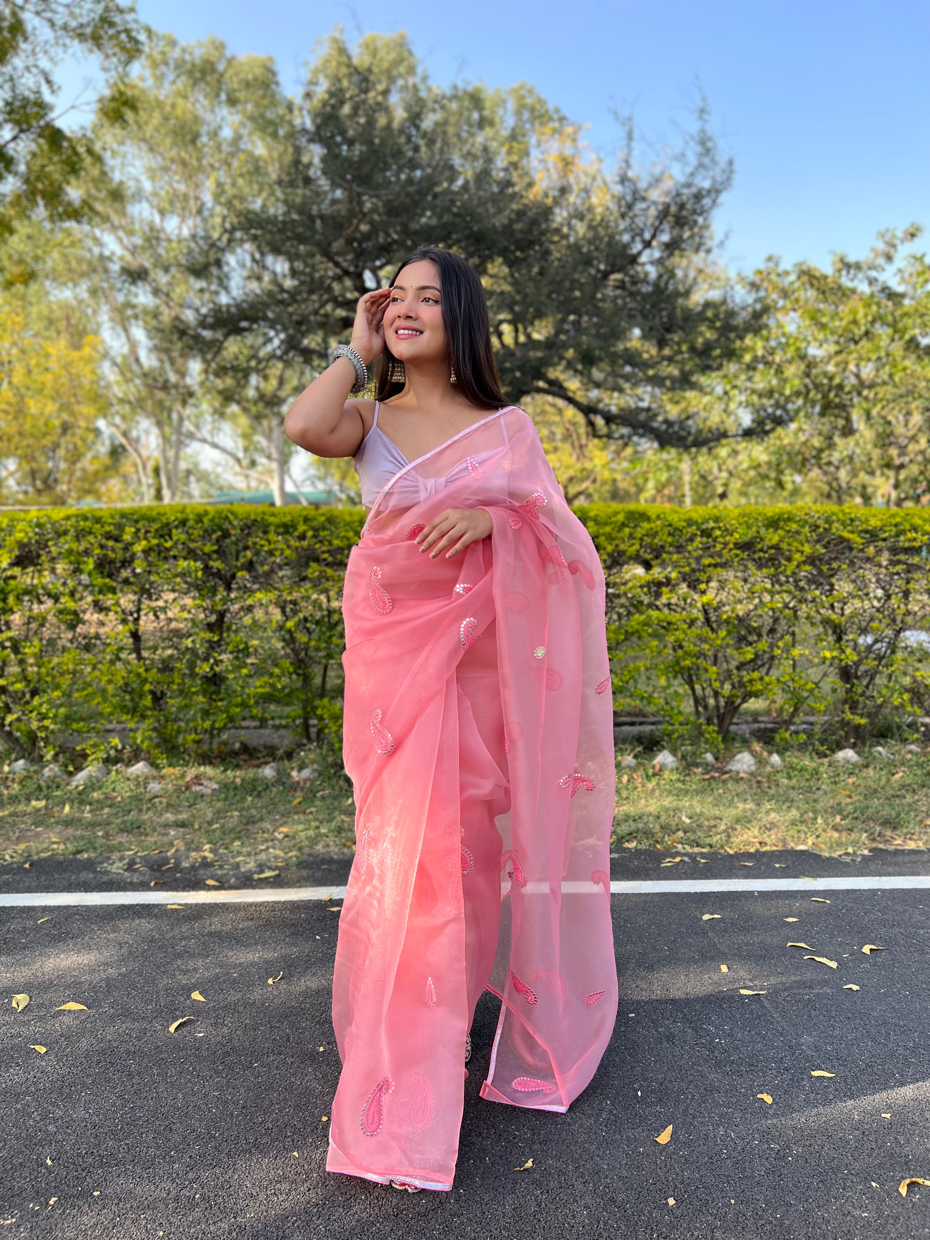 Pink Organza Saree With silk Blouse