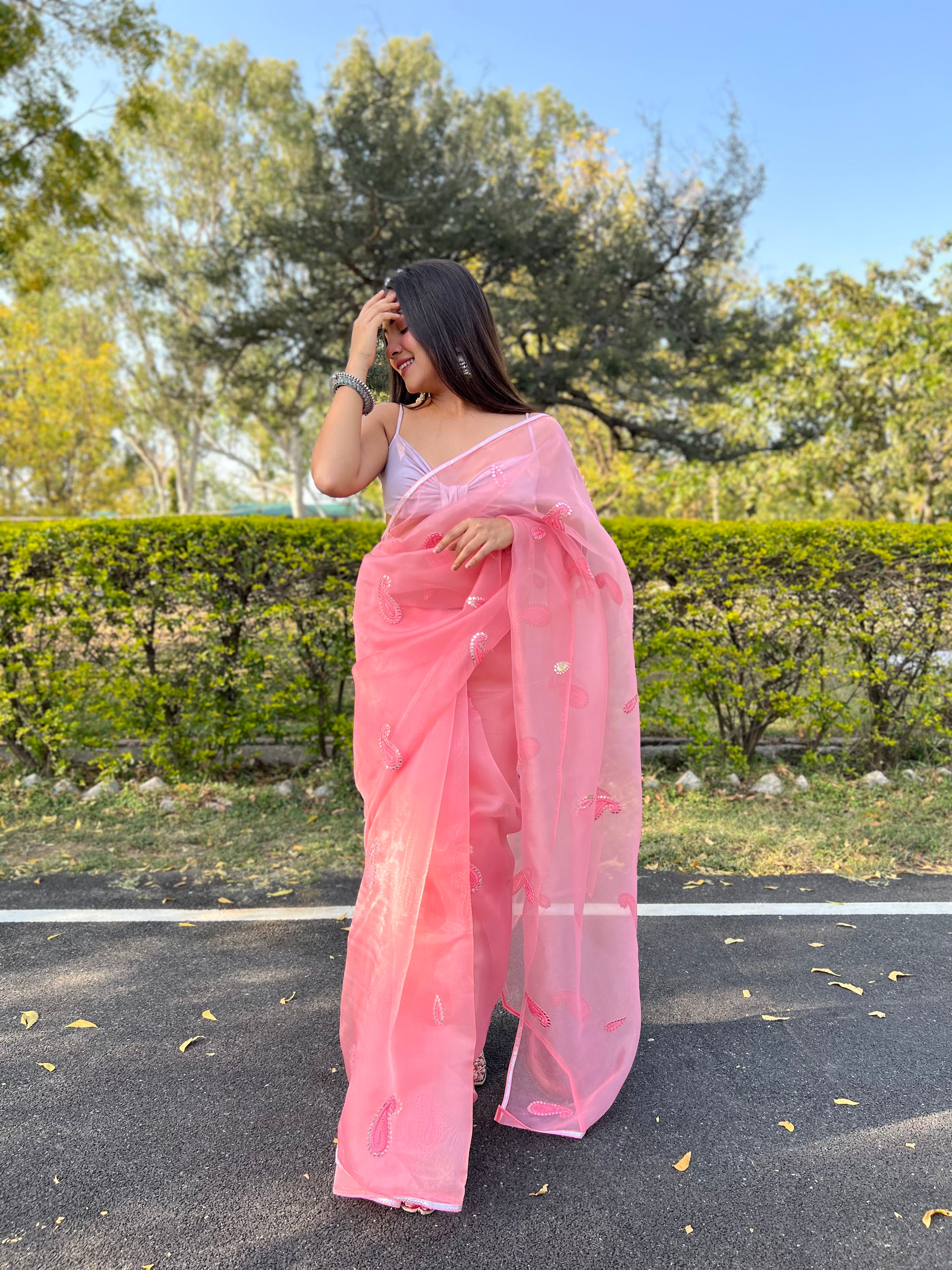 Pink Organza Saree With silk Blouse