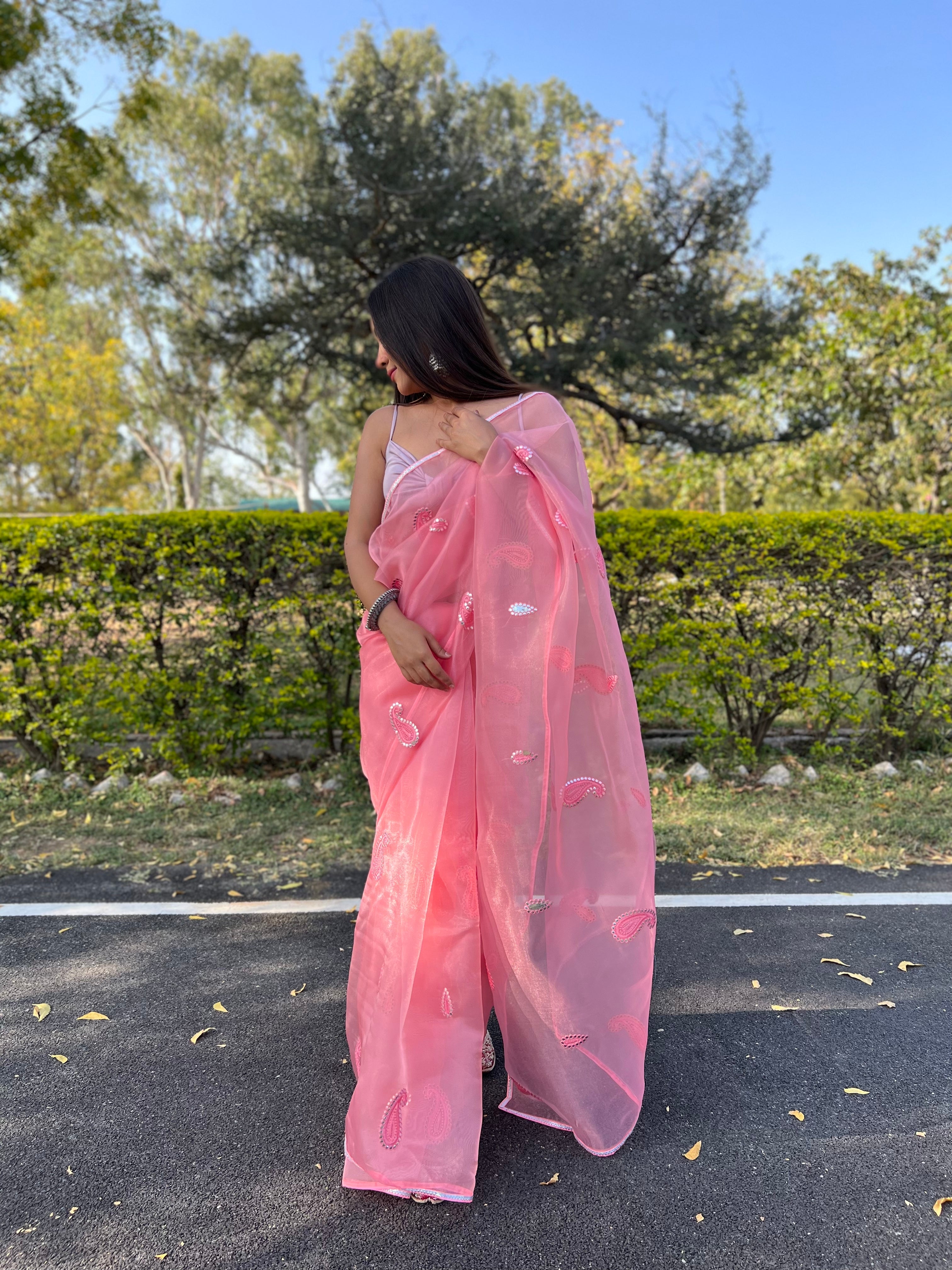 Pink Organza Saree With silk Blouse