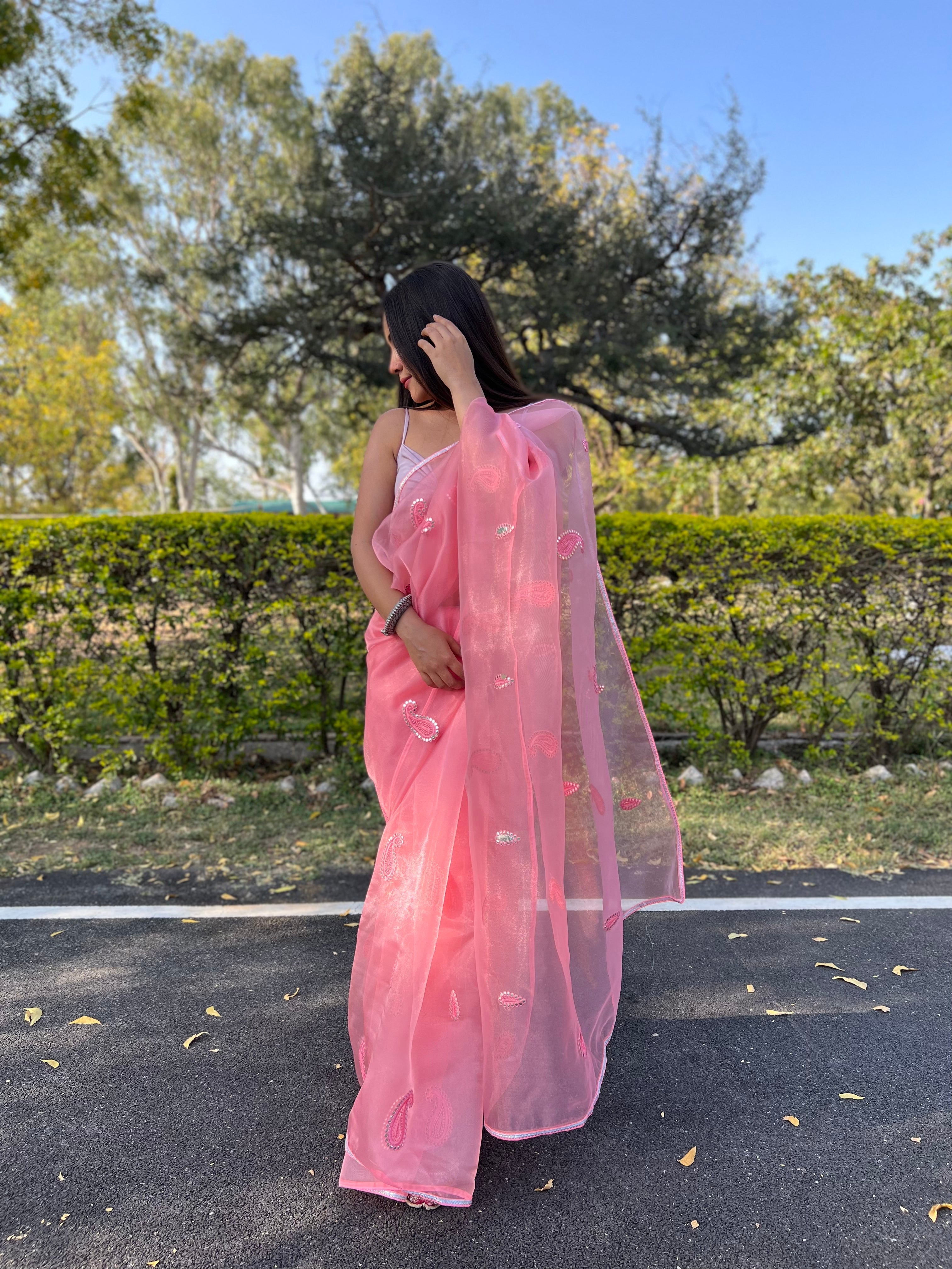Pink Organza Saree With silk Blouse