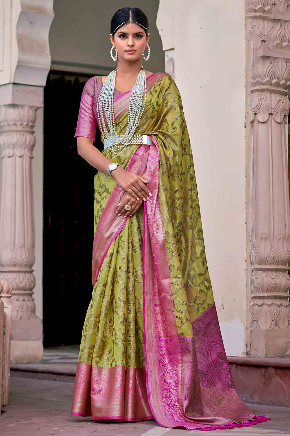 Buy the amazing Pink and Green Designer Banarasi Saree online-Karagiri –  Karagiri Global