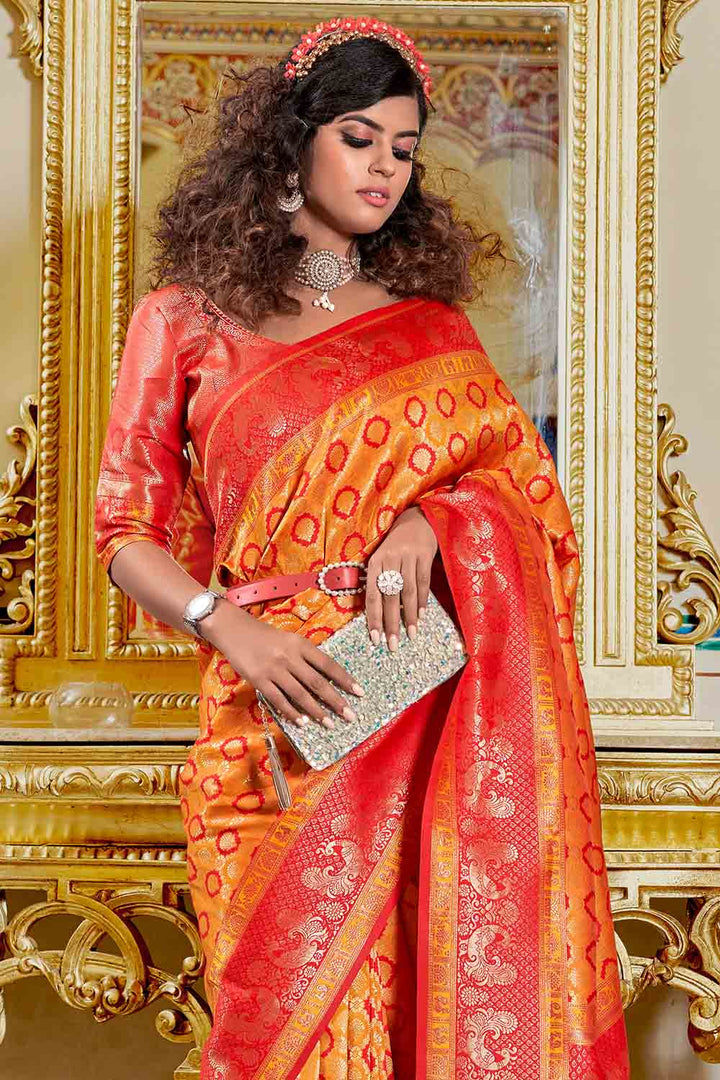 Gold Orange Banarasi Silk Saree