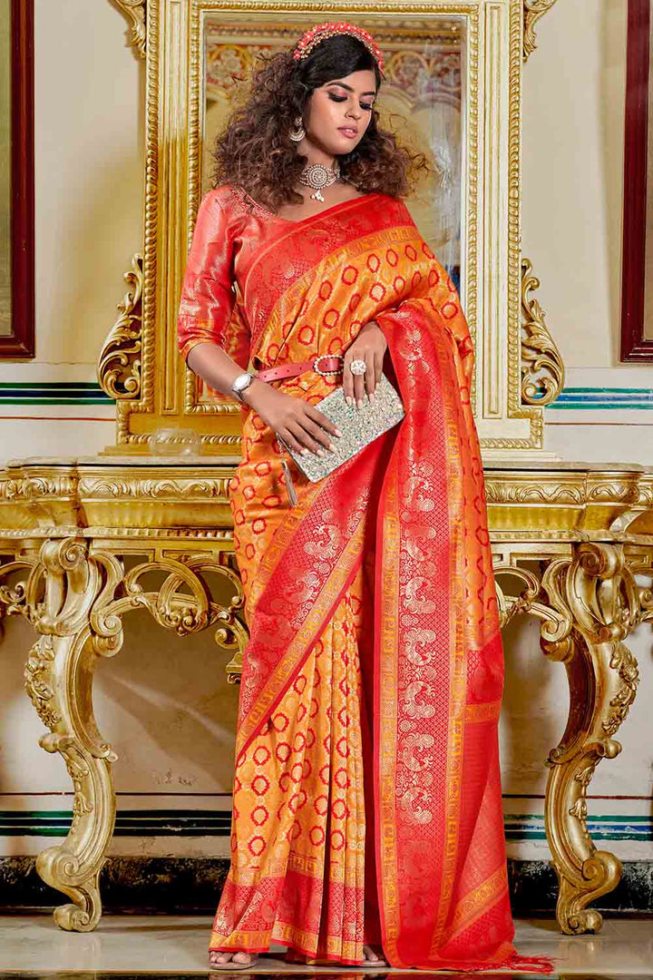 Gold Orange Banarasi Silk Saree
