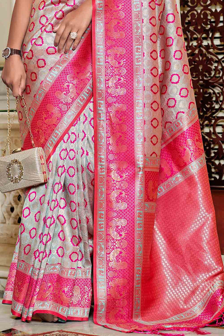 Light Blue And Pink Banarasi Silk Saree
