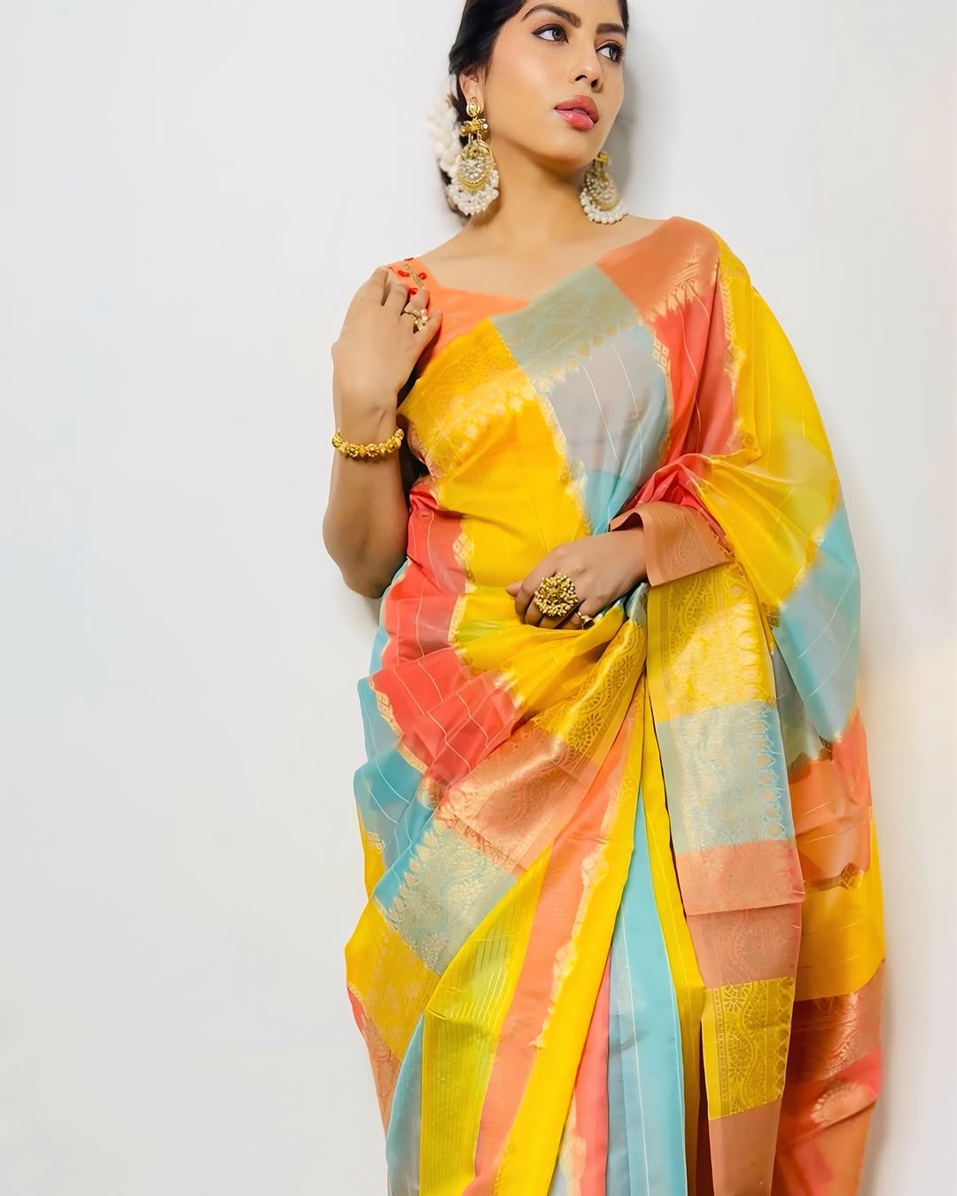Yellow and Pink Multicolour Organza Saree